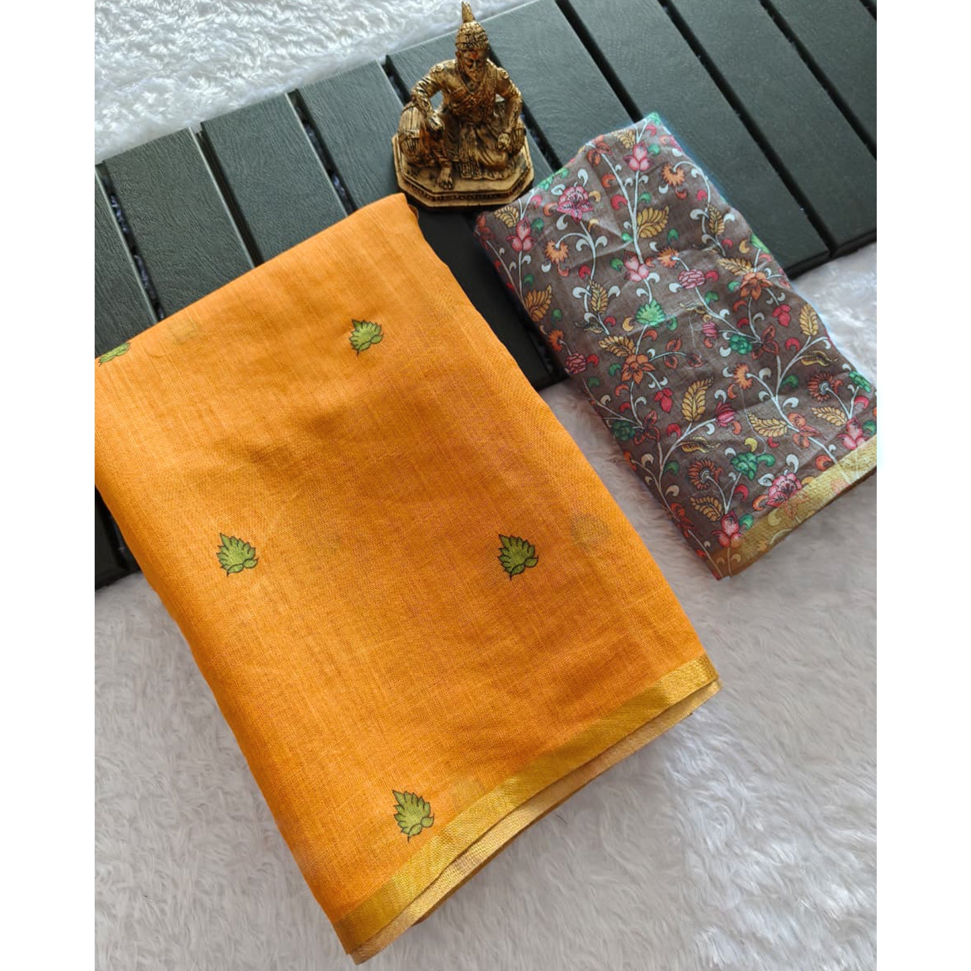 Minimalist Mustard Linen Cotton Saree with Elegant Printed Patterns