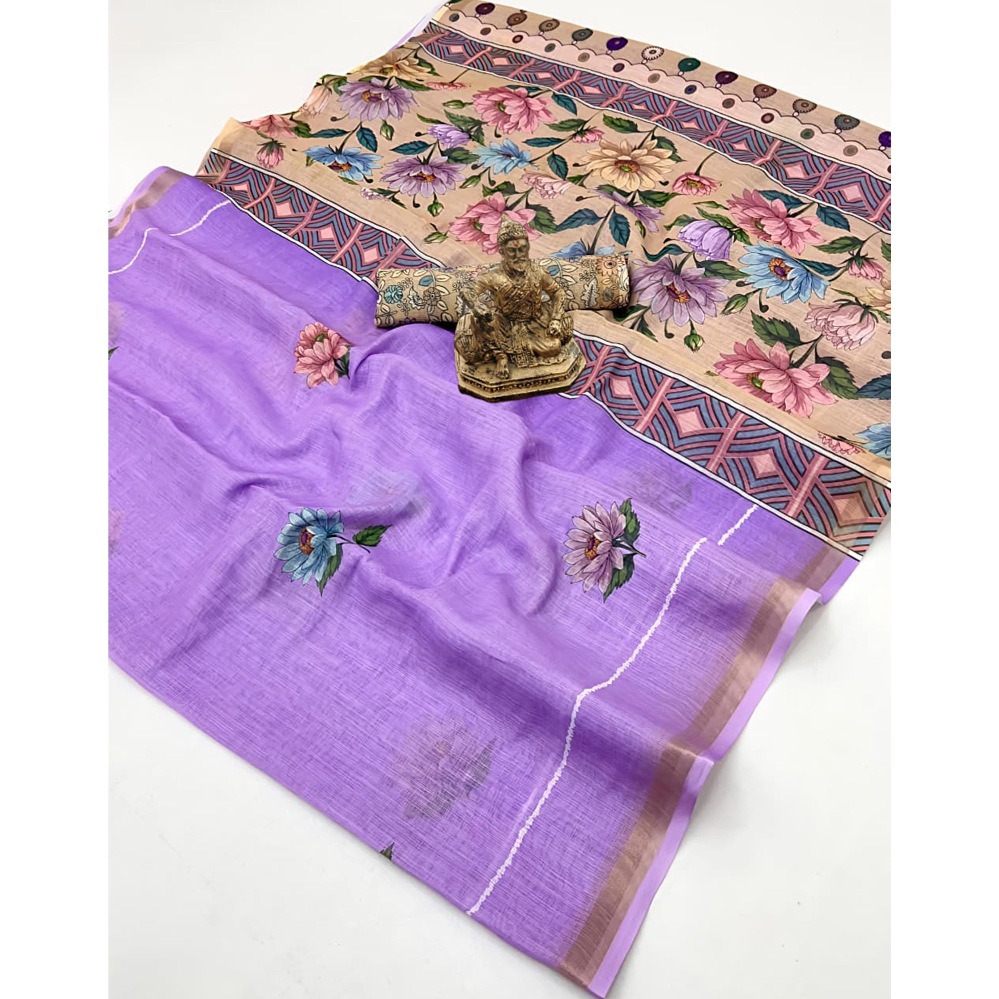Elegant Lavender Floral Digital Printed Linen Cotton Saree With Woven Border & Tassel Pallu