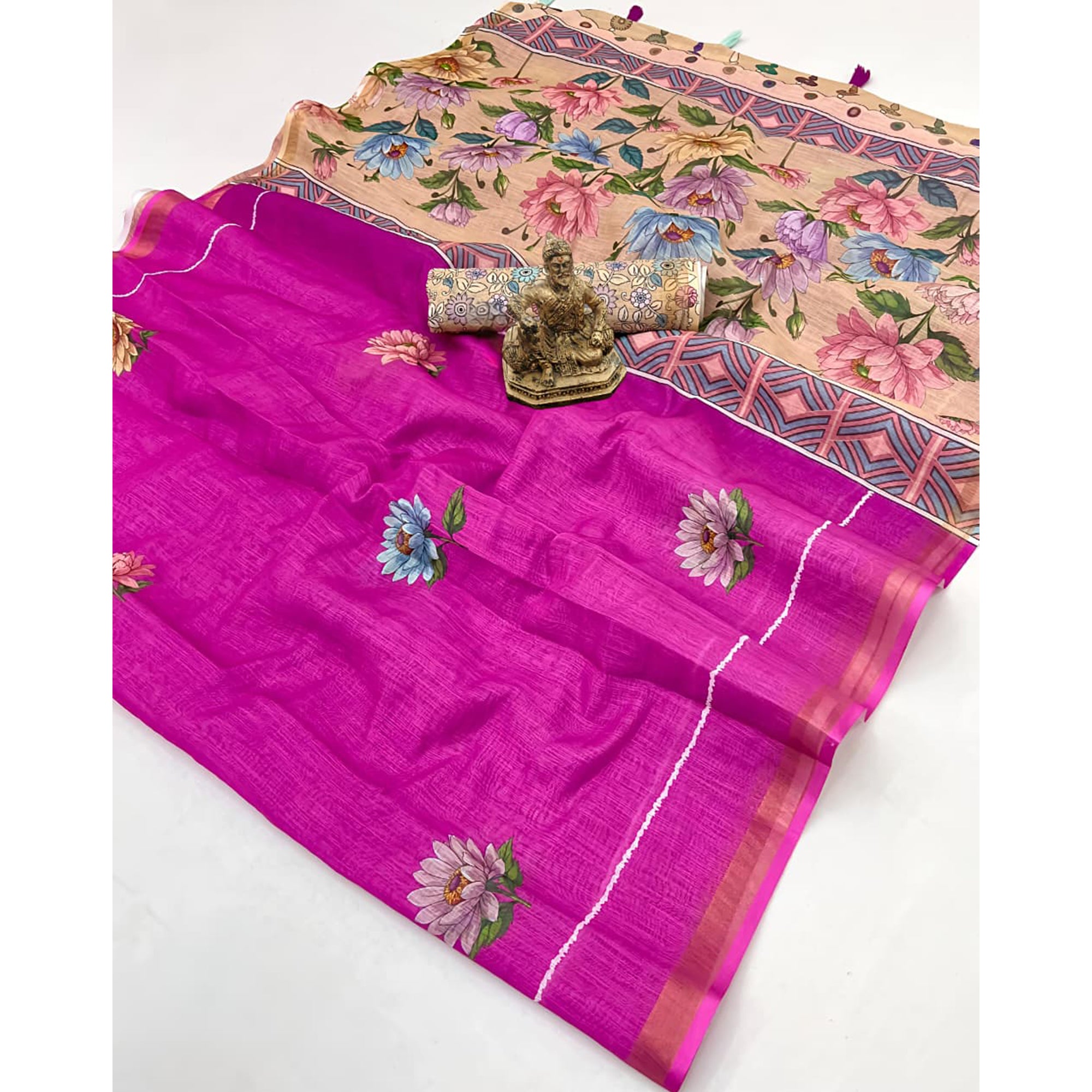 Elegant Rani Pink Floral Digital Printed Linen Cotton Saree With Woven Border & Tassel Pallu