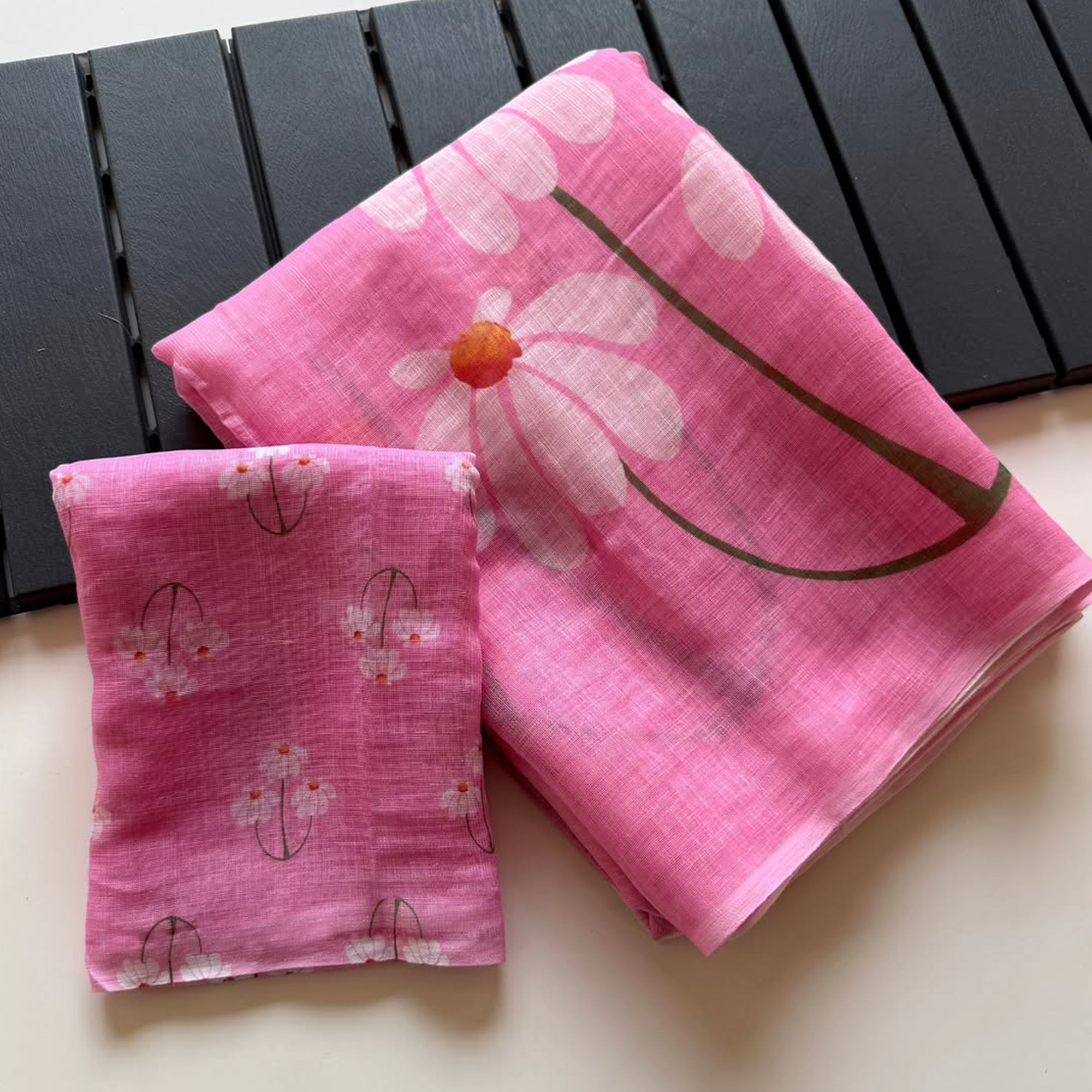 Graceful Baby Pink Linen Cotton Saree with Stylish Floral Prints for Effortless Elegance