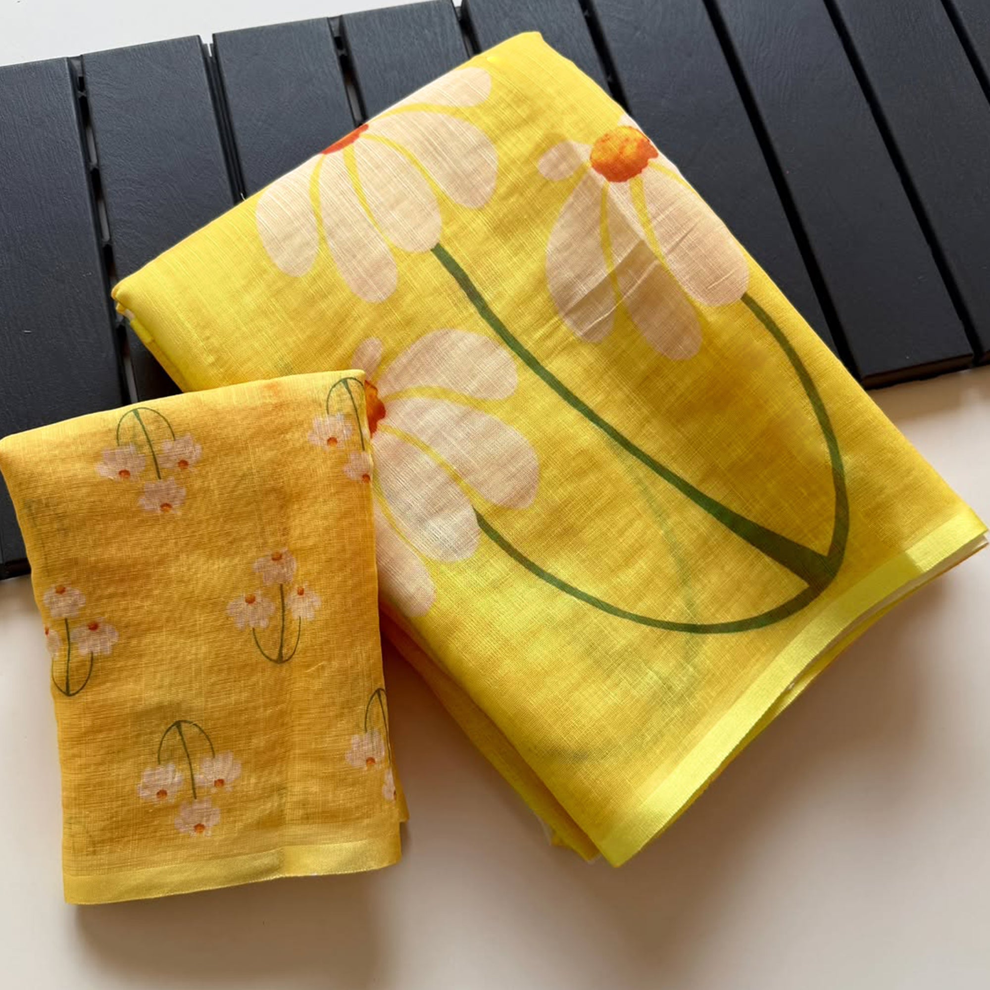 Graceful Yellow Linen Cotton Saree with Stylish Floral Prints for Effortless Elegance