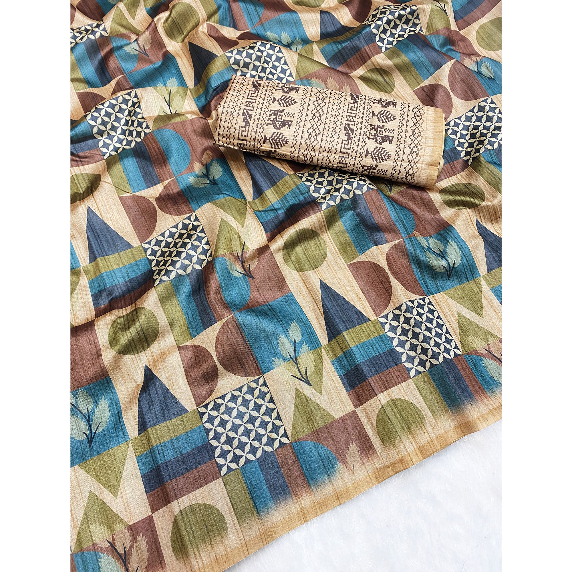 Elegant Beige Tussar Silk Blend Saree Adorned with Contemporary Geometric Patterns