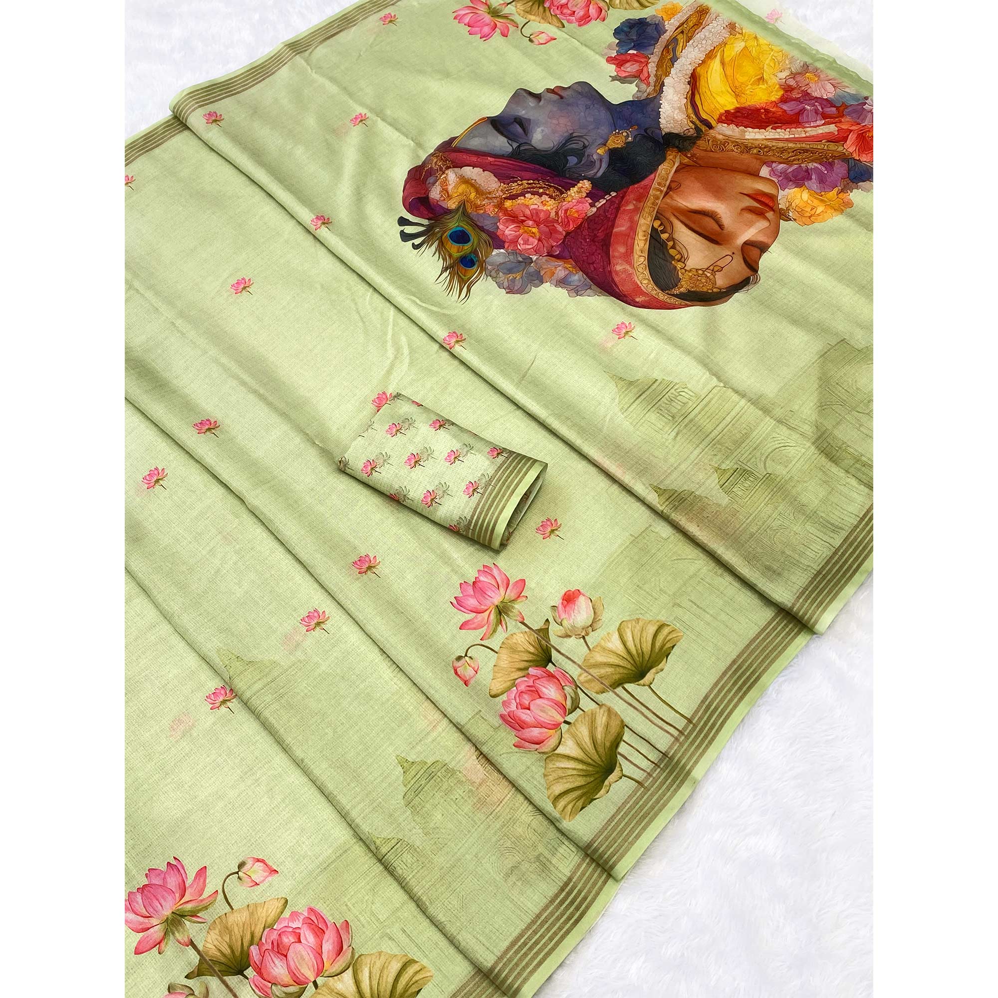 Green Cotton Blend Tusser Saree Adorned With Radha Krishna & Floral Print With Zari Border