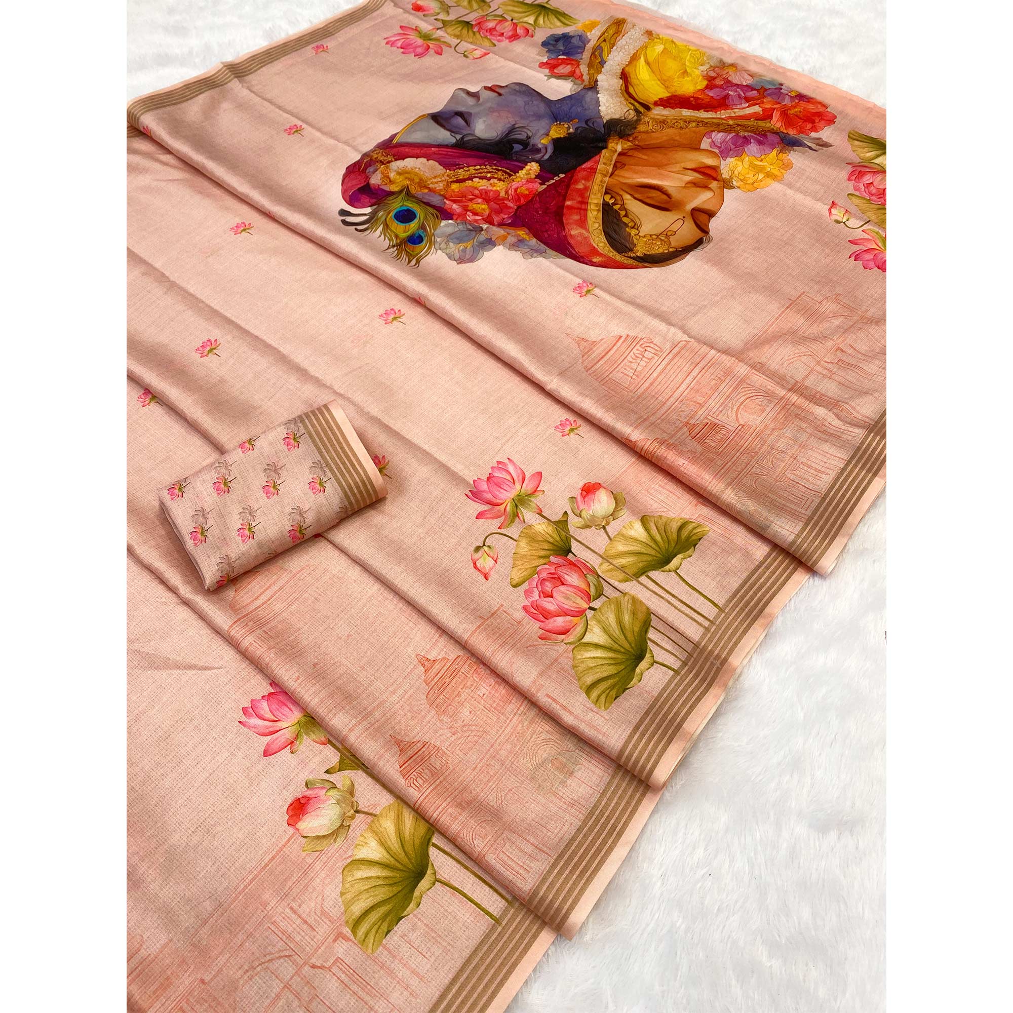 Peach Cotton Blend Tusser Saree Adorned With Radha Krishna & Floral Print With Zari Border
