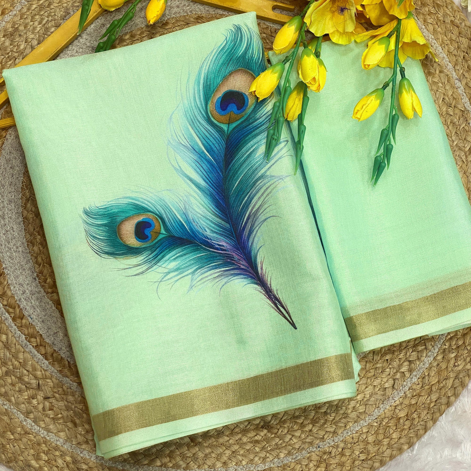 Charming Mint Green Soft Tussar Cotton Silk Saree With Peacock Feathers Print