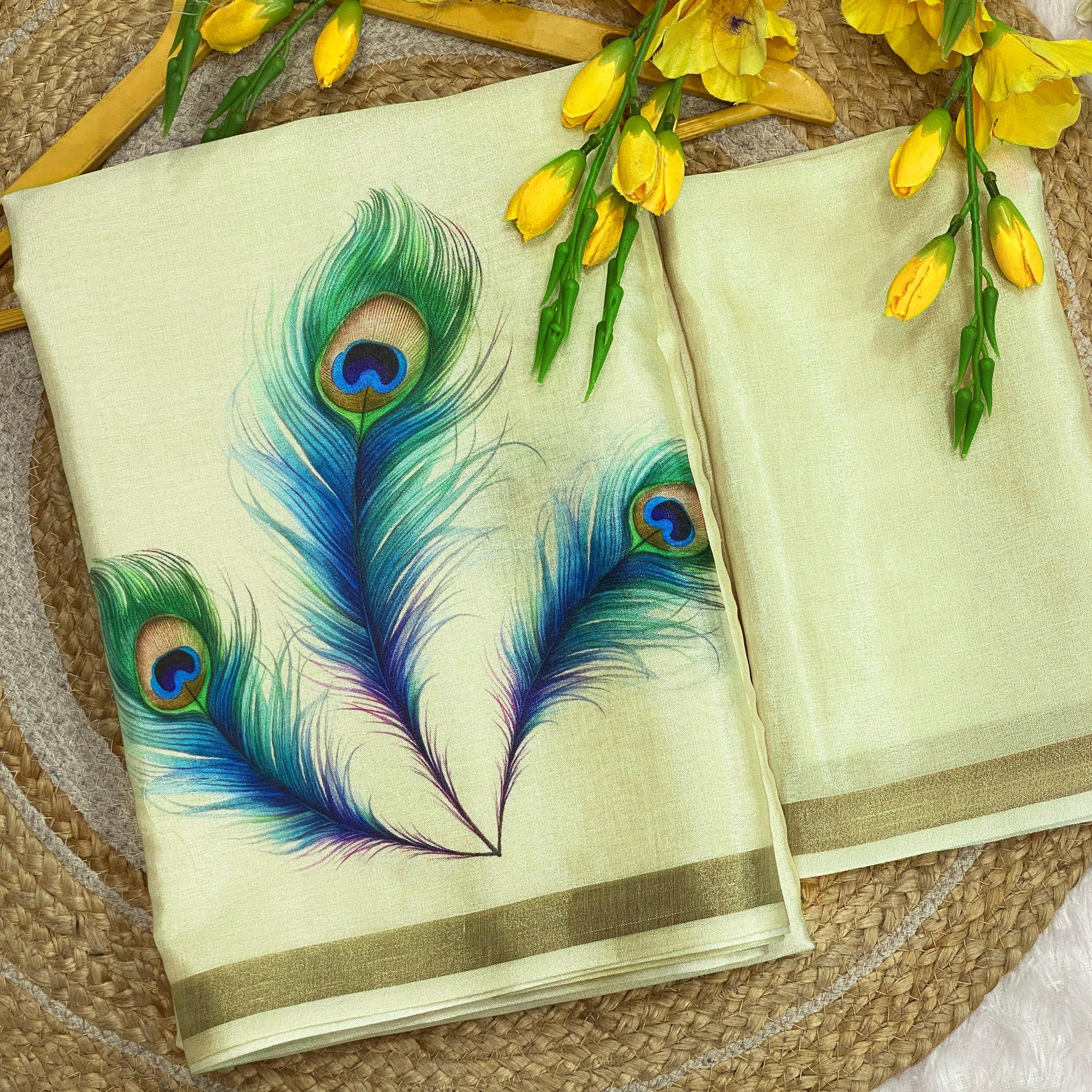 Charming Pista Green Soft Tussar Cotton Silk Saree With Peacock Feathers Print