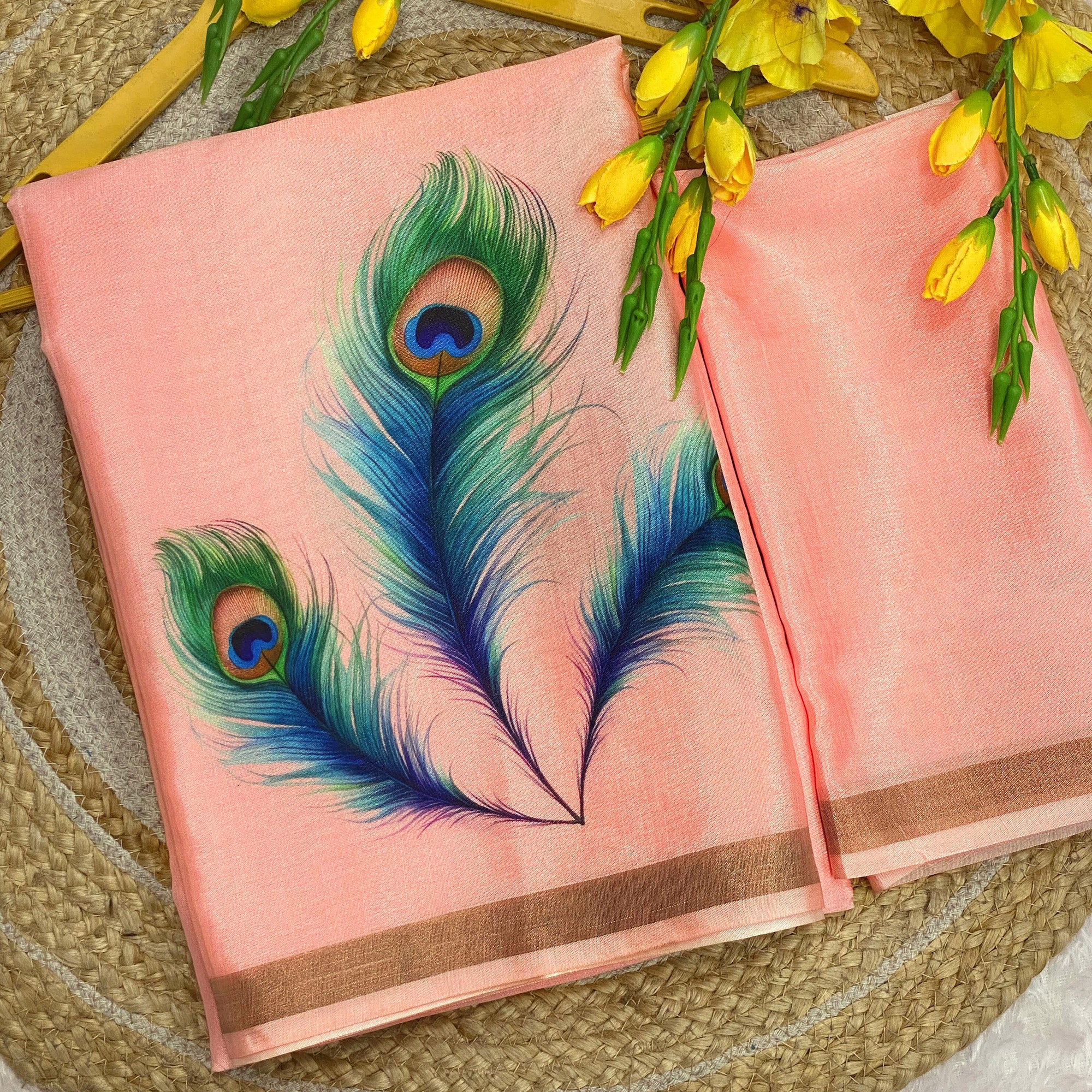 Charming Peach Soft Tussar Cotton Silk Saree With Peacock Feathers Print