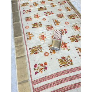 Cream Traditional Printed Dola Silk Saree Accented with Rich Zari Weaving