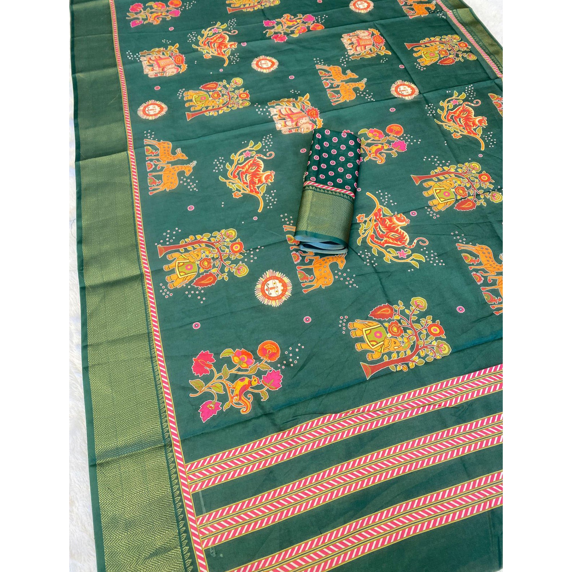 Green Traditional Printed Dola Silk Saree Accented with Rich Zari Weaving