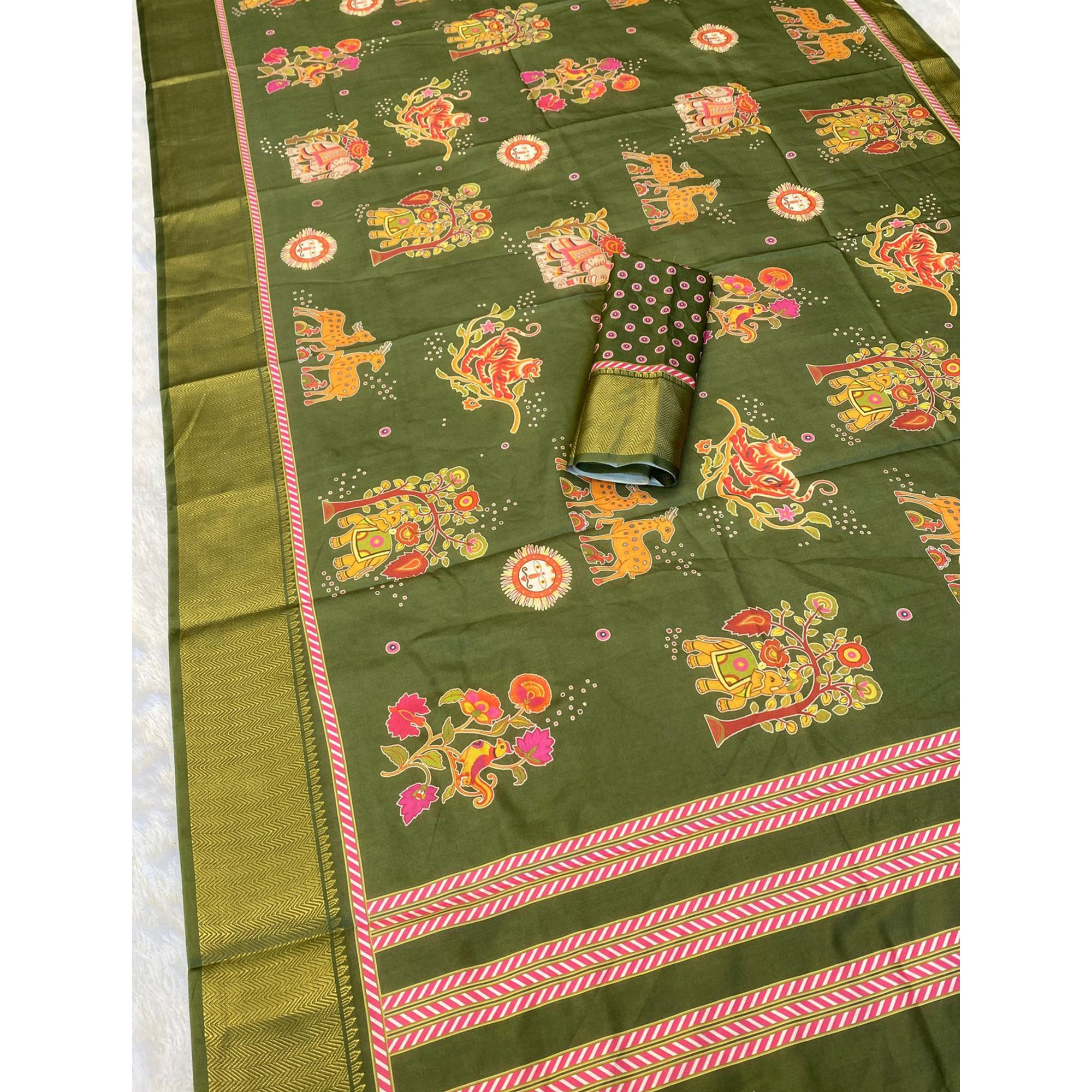 Mehendi Green Traditional Printed Dola Silk Saree Accented with Rich Zari Weaving