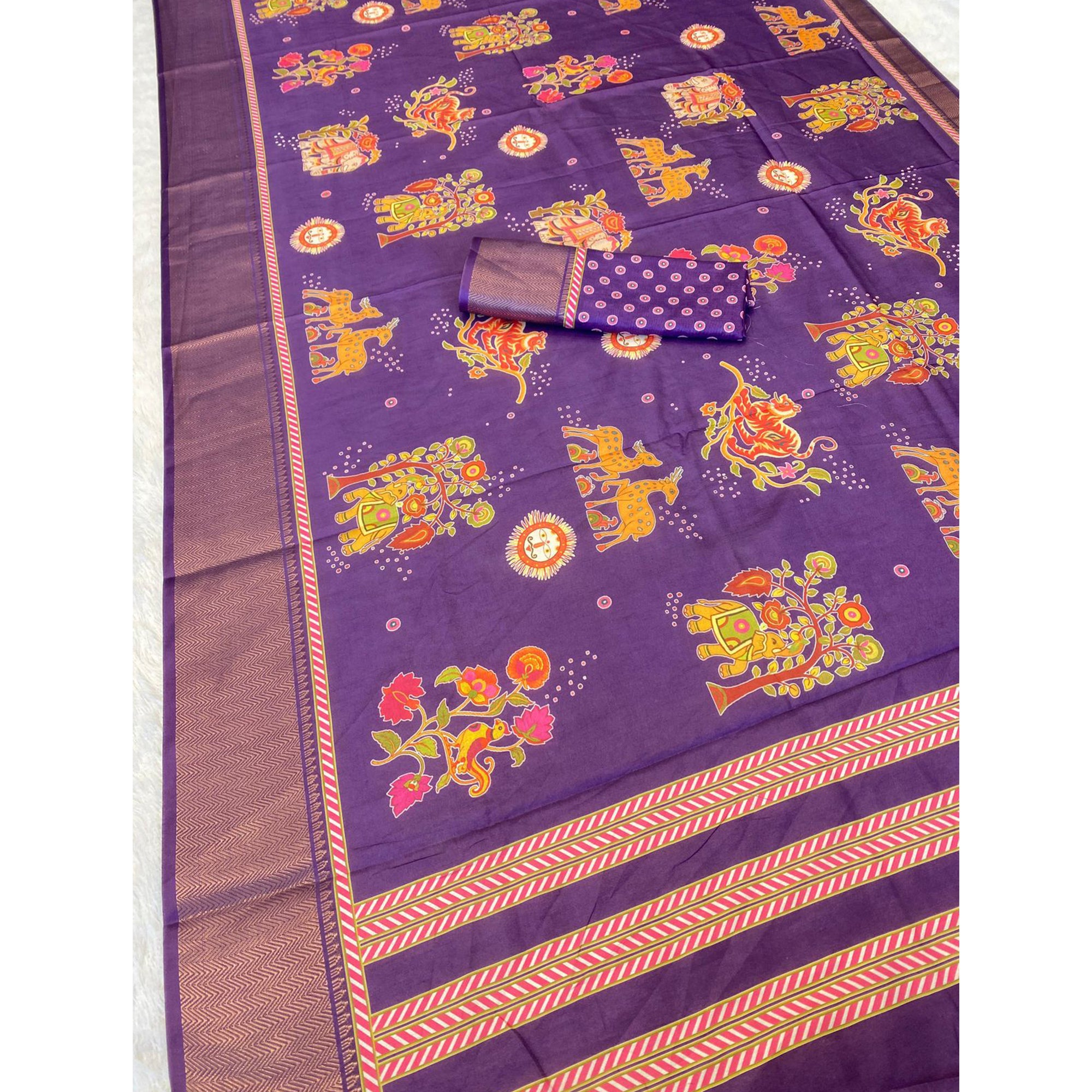 Purple Traditional Printed Dola Silk Saree Accented with Rich Zari Weaving