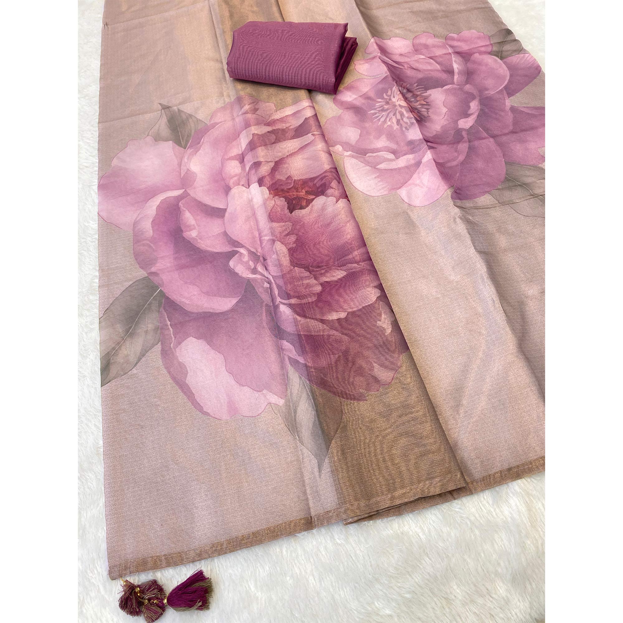 Sophisticated Light Lavender Floral Digital Print Tissue Saree Enhanced With Handmade Tassels