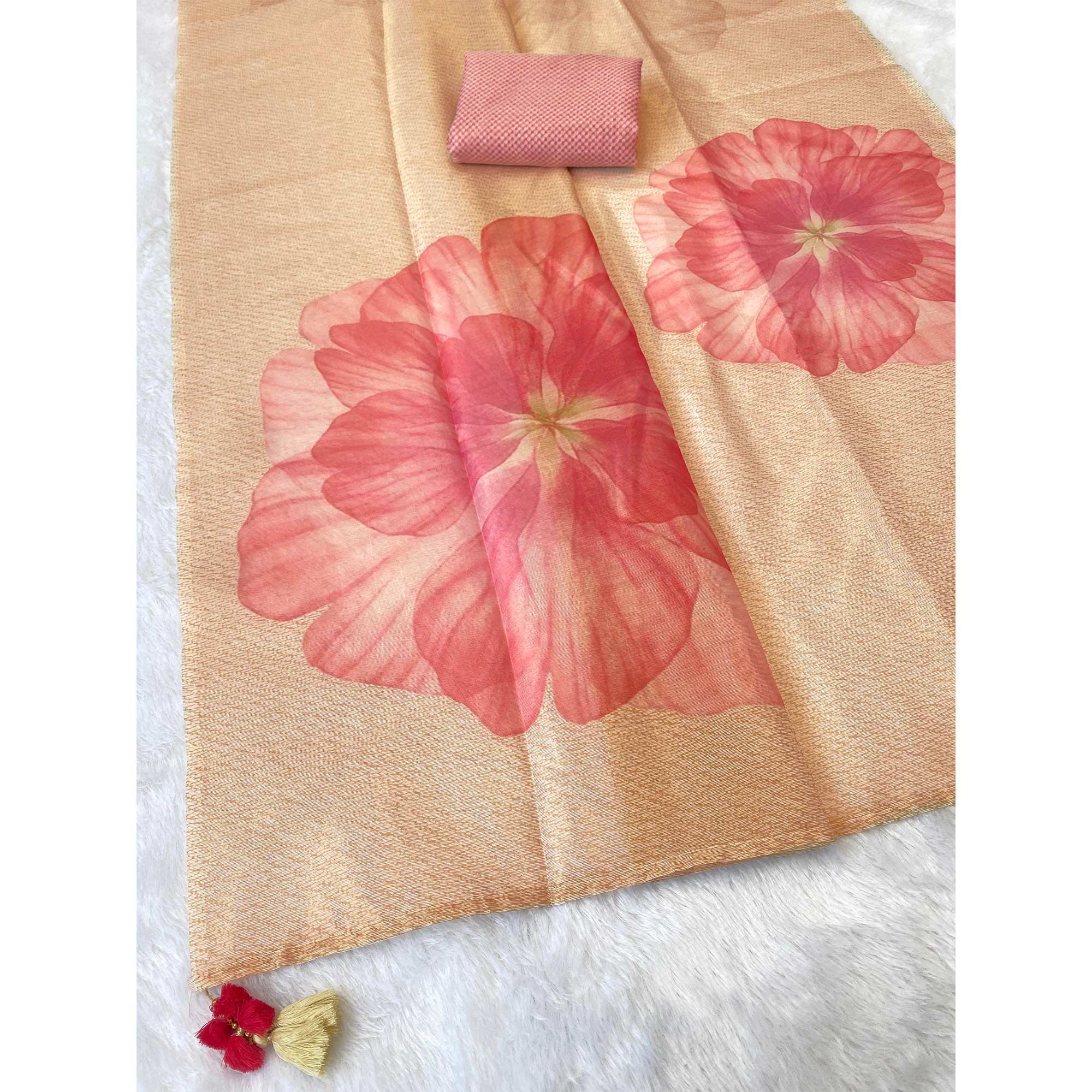 Sophisticated Cream Floral Digital Print Tissue Saree Enhanced With Handmade Tassels
