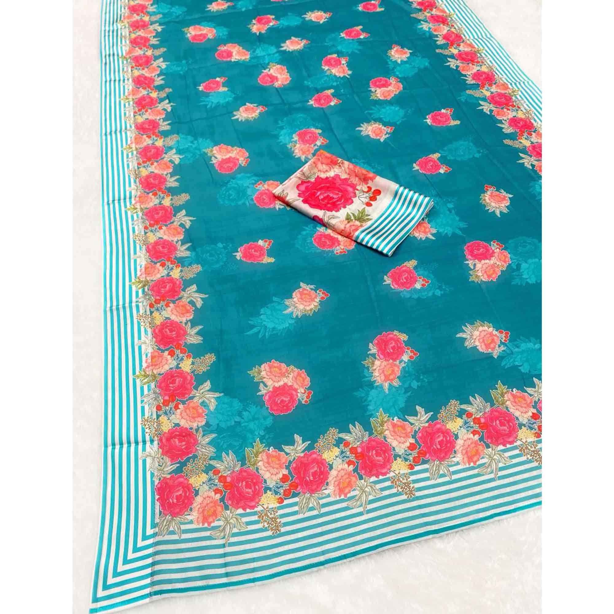 Vibrant Teal Georgette Saree Adorned with Floral Digital Print & Satin Border