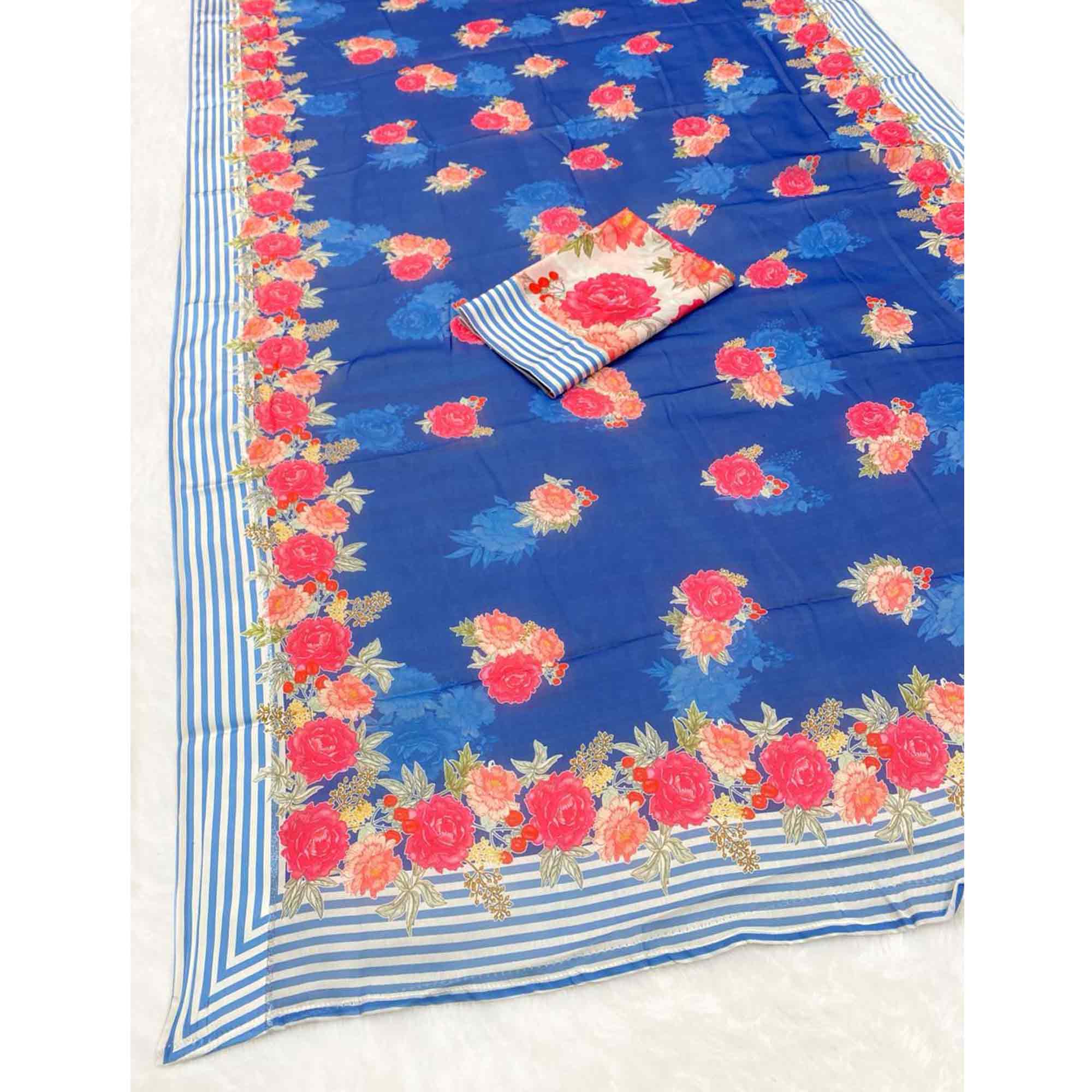 Vibrant Royal Blue Georgette Saree Adorned with Floral Digital Print & Satin Border