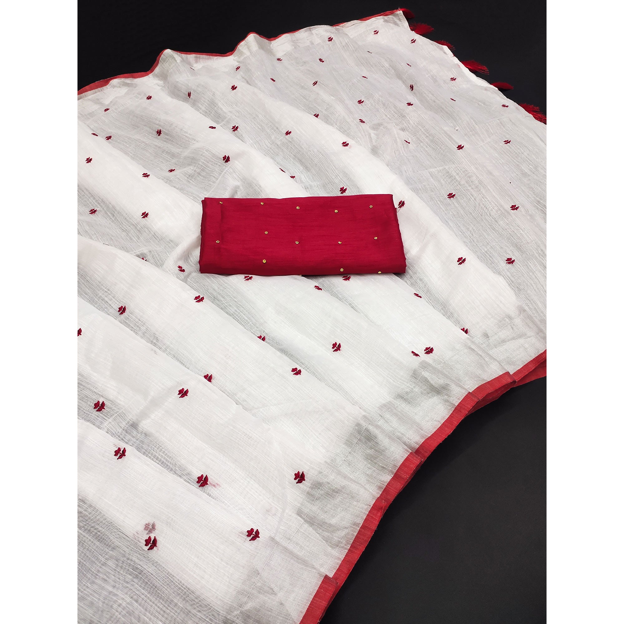 White & Red Floral Embroidered Linen Saree