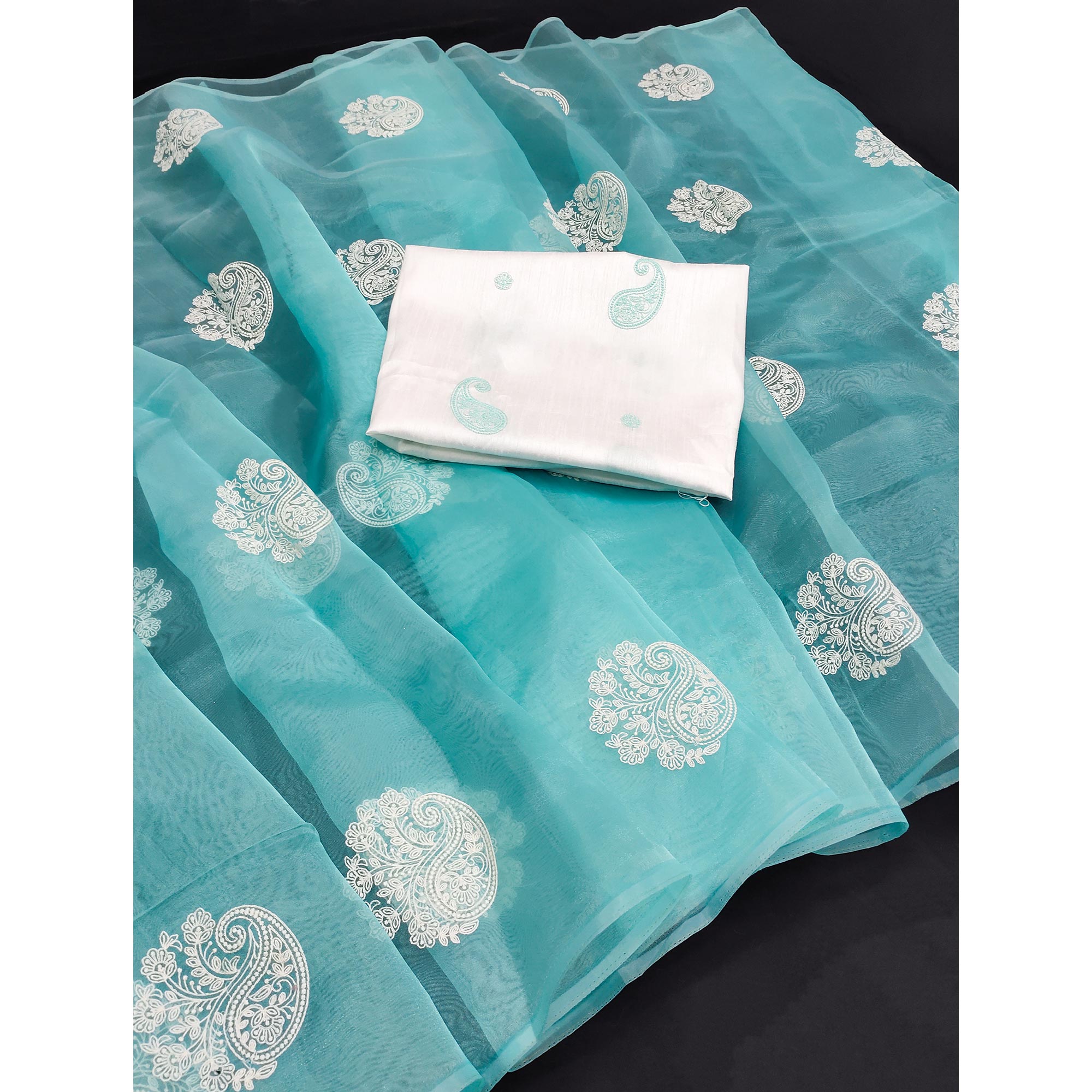 Blue Embroidered Organza Saree
