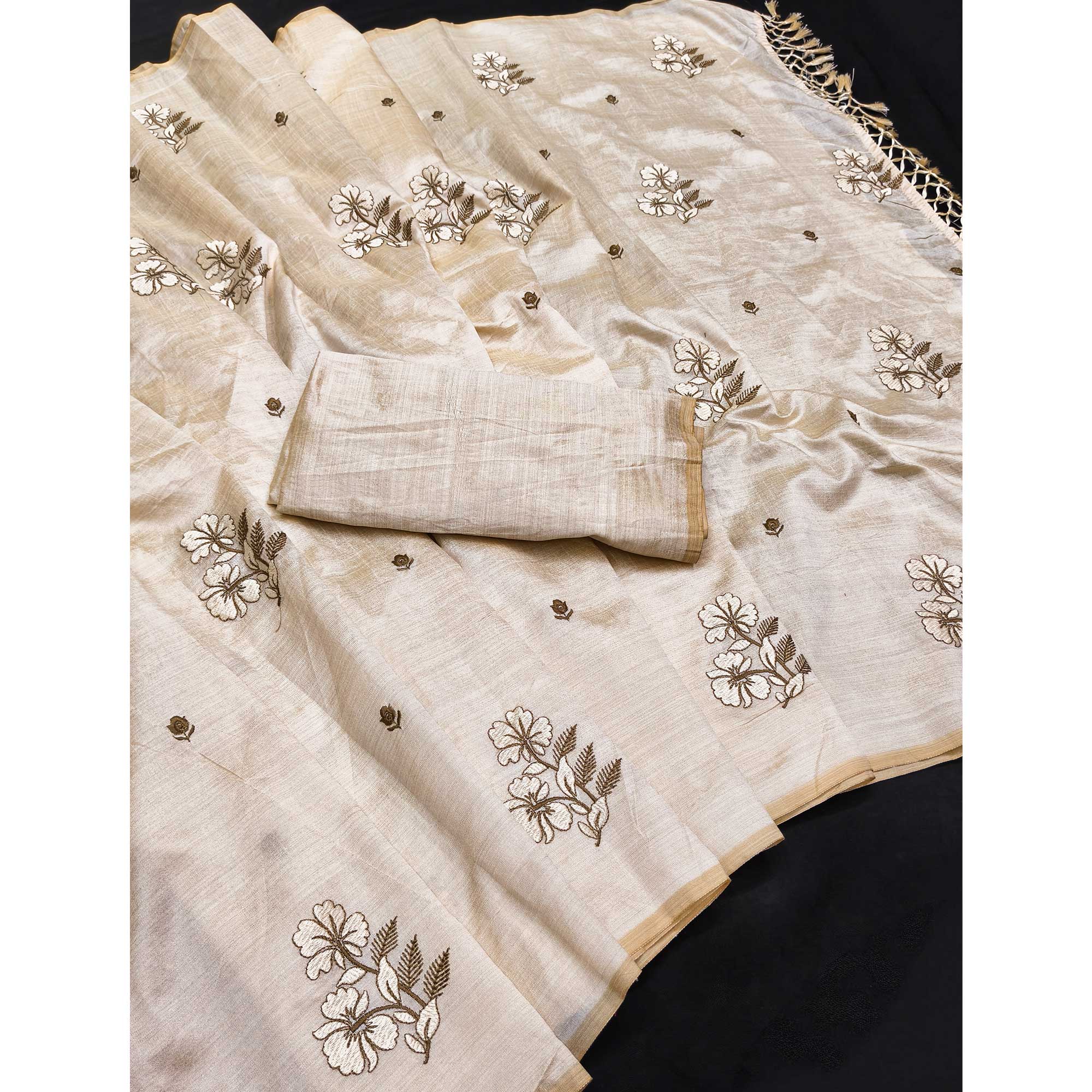 Festive Cream Saree with Exquisite Floral Embroidery Crafted in Art Silk