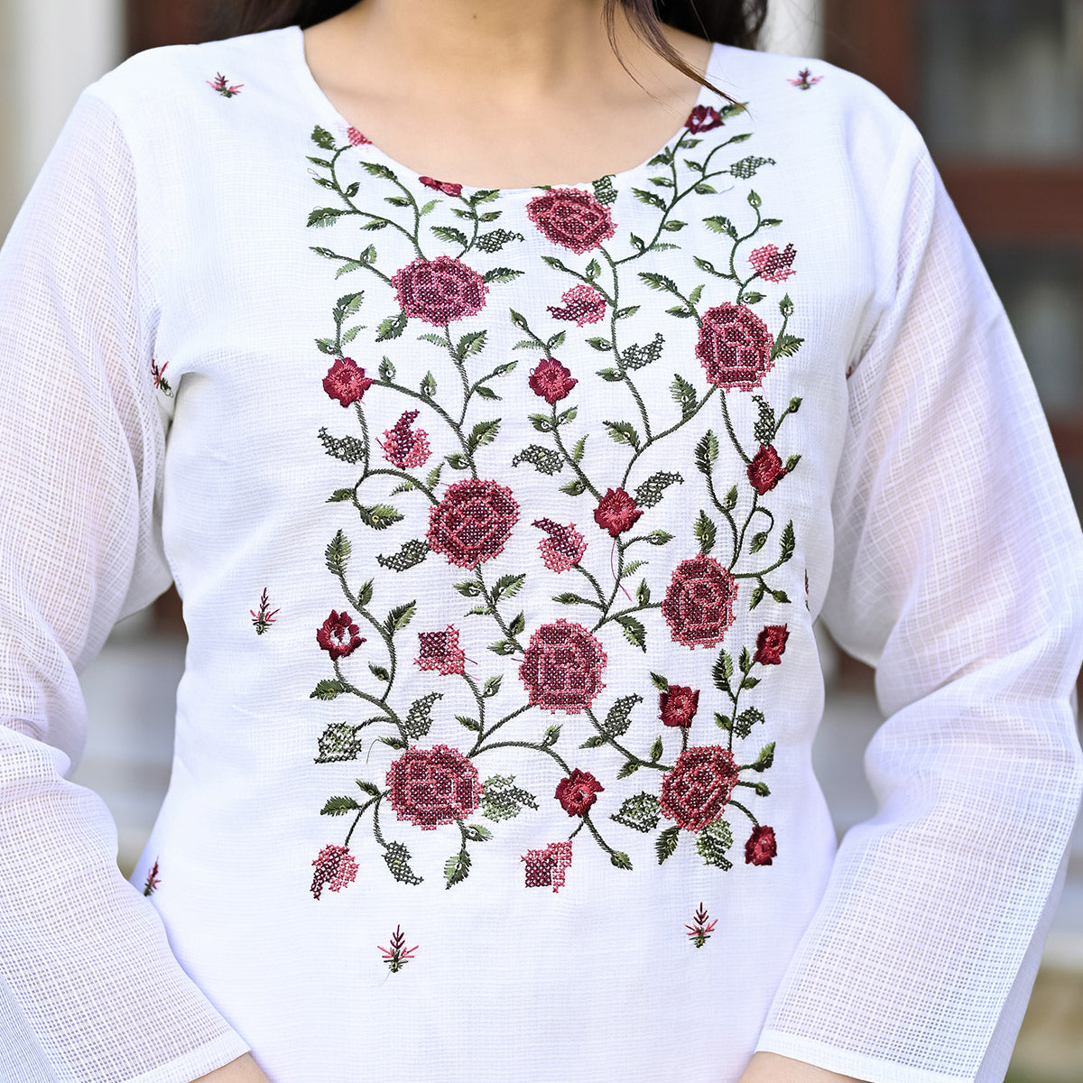 White Floral Sequins Embroidered Kota Doria Salwar Suit