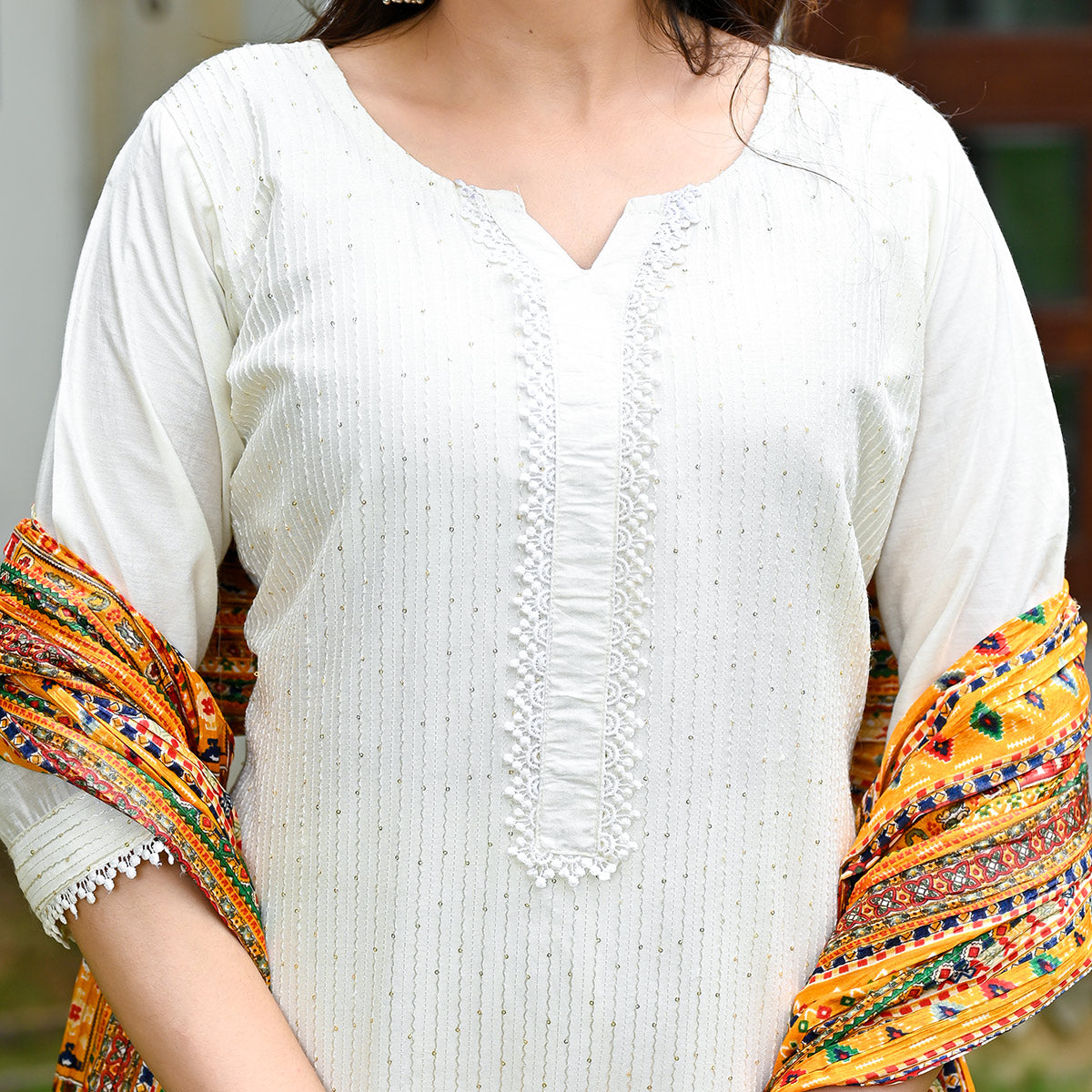 Off white Sequins Embroidered Chanderi Dress Material