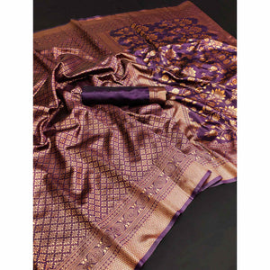 Purple Floral Woven Banarasi Silk Saree