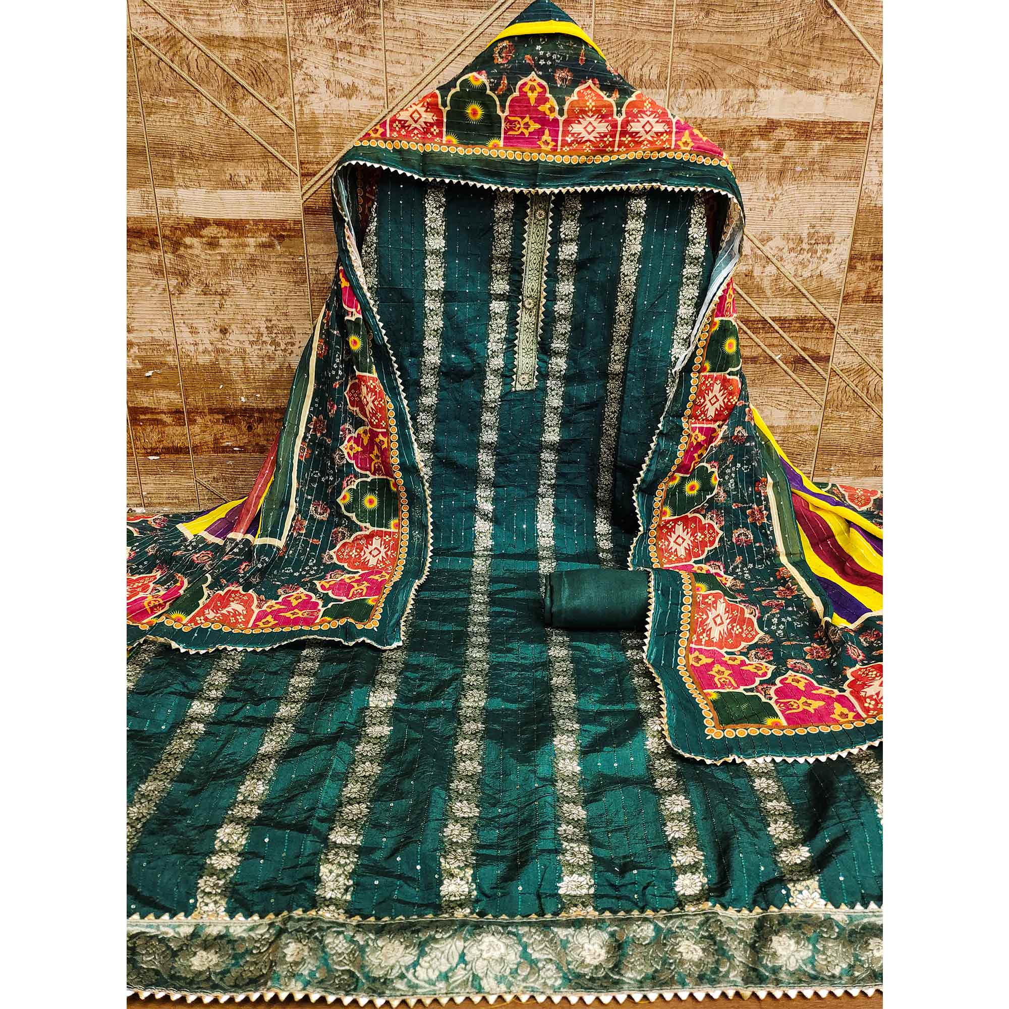Green Woven Banarasi Silk Dress Material