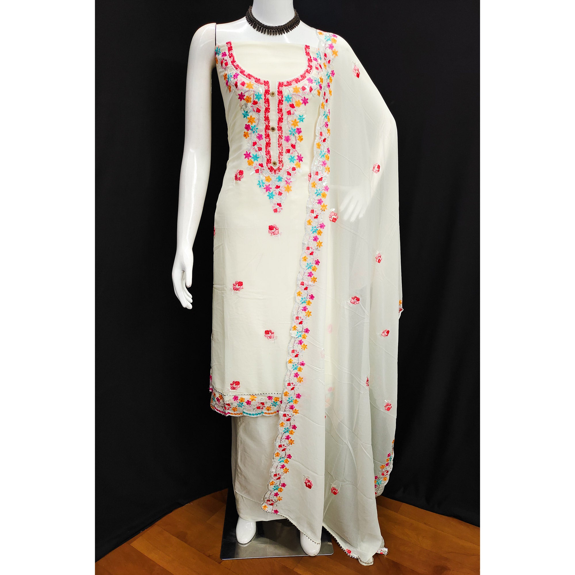 Off White Floral Embroidered Georgette Dress Material