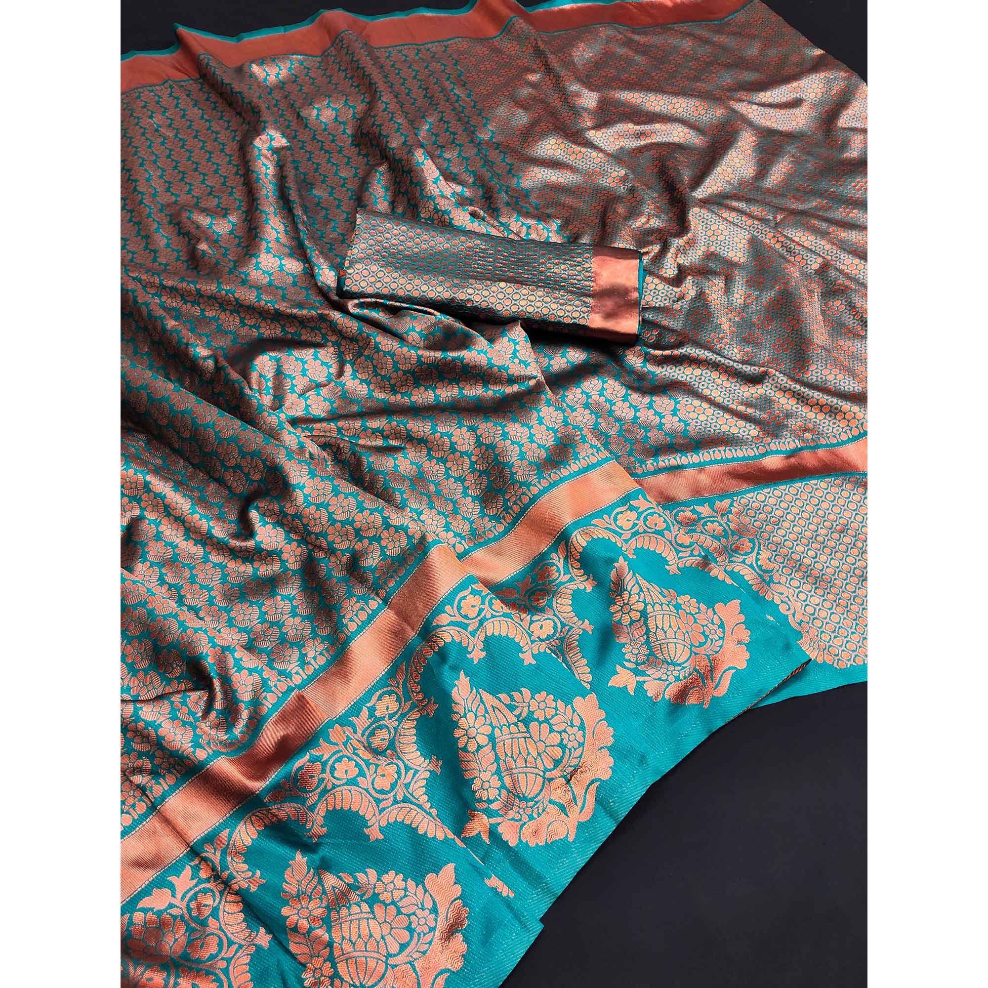 Rama Blue Floral Woven Banarasi Silk Saree