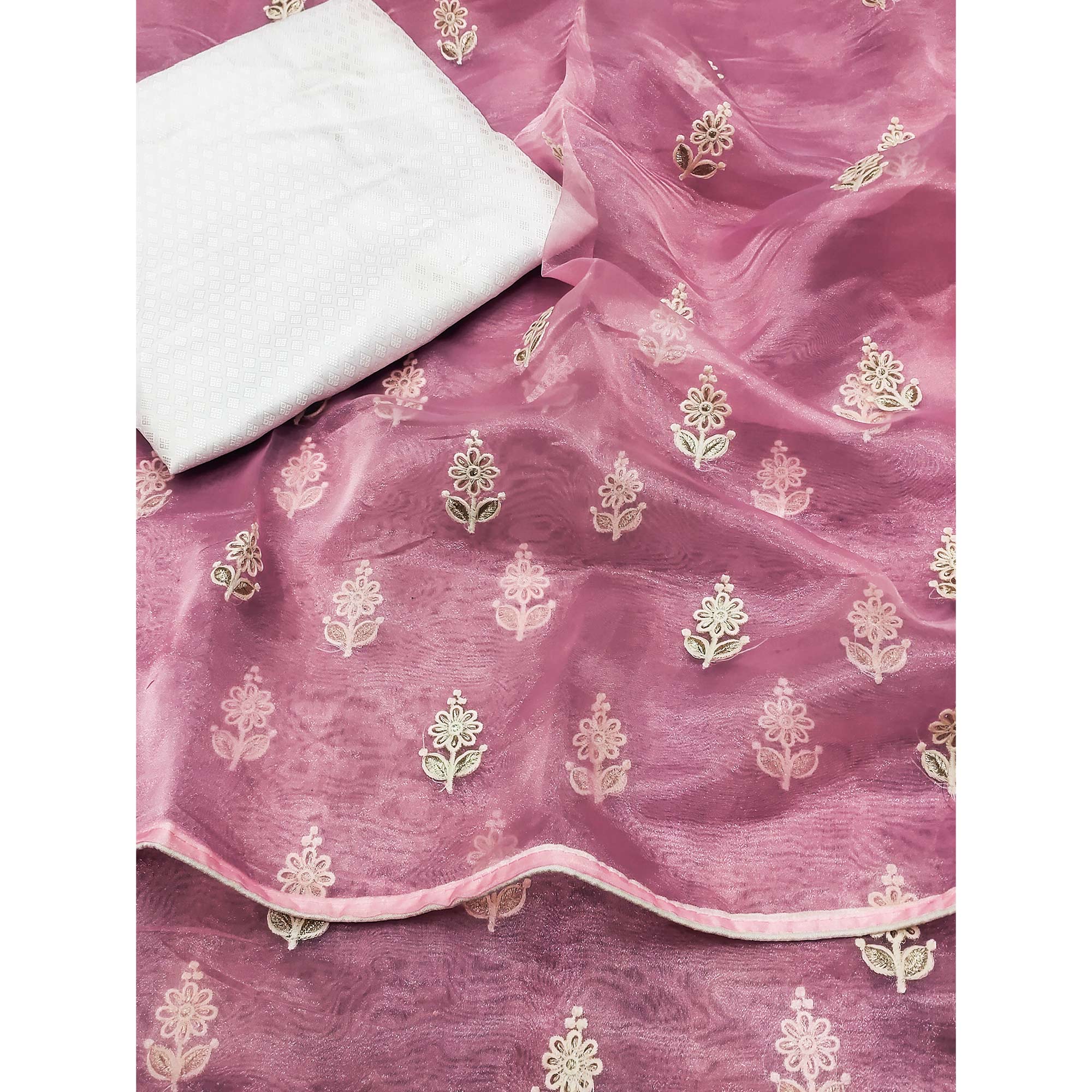 Pink Floral Embroidered Organza Saree