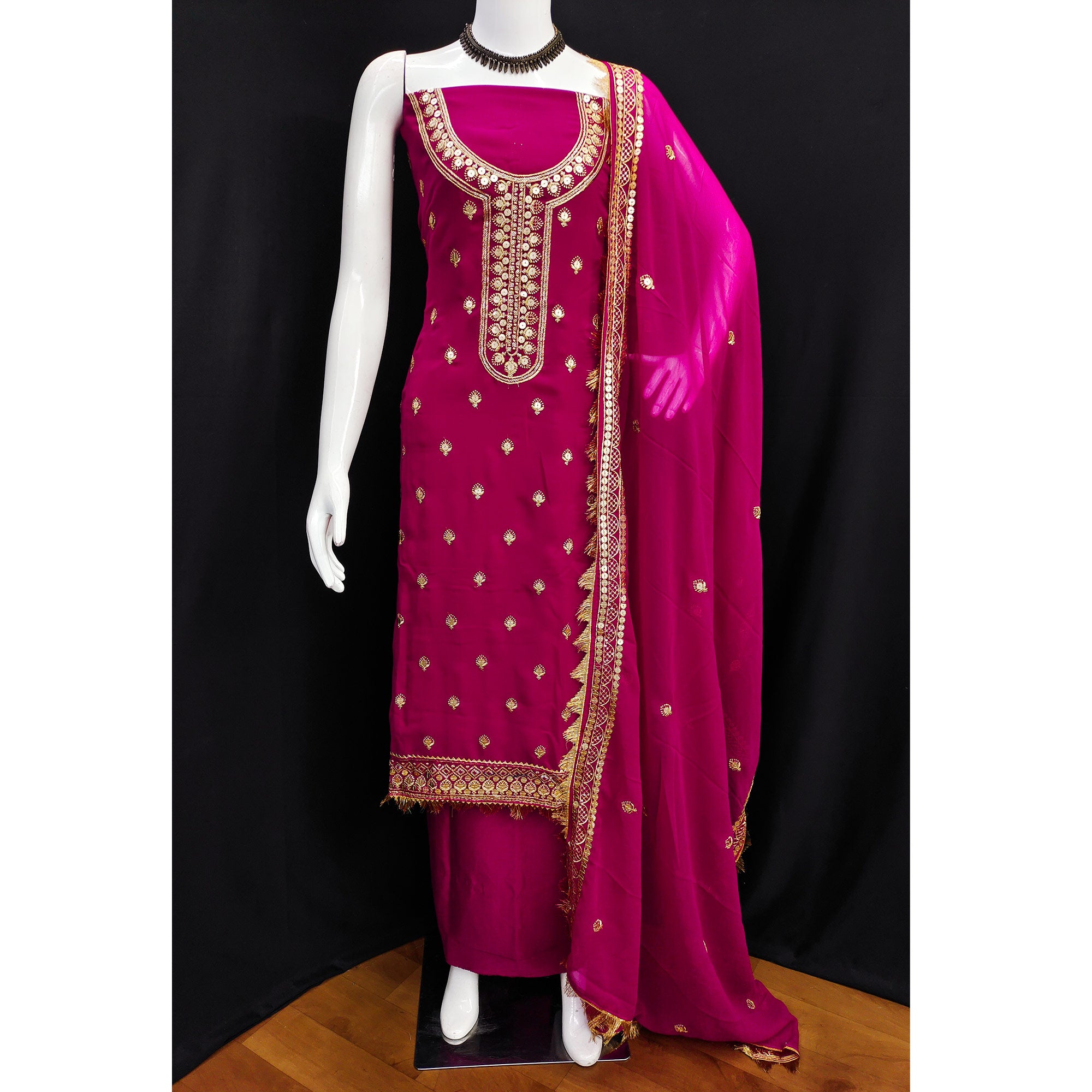 Magenta Pink Embroidered Georgette Dress Material