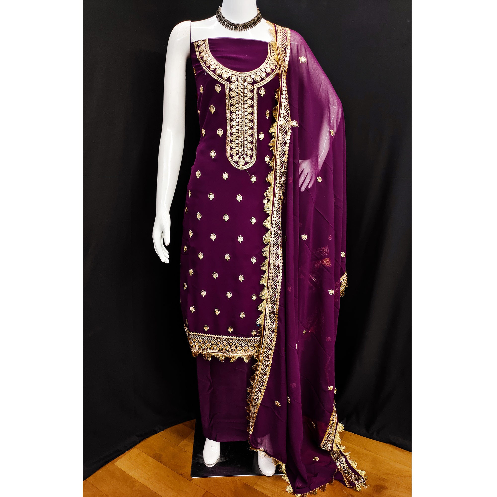 Purple Embroidered Georgette Dress Material