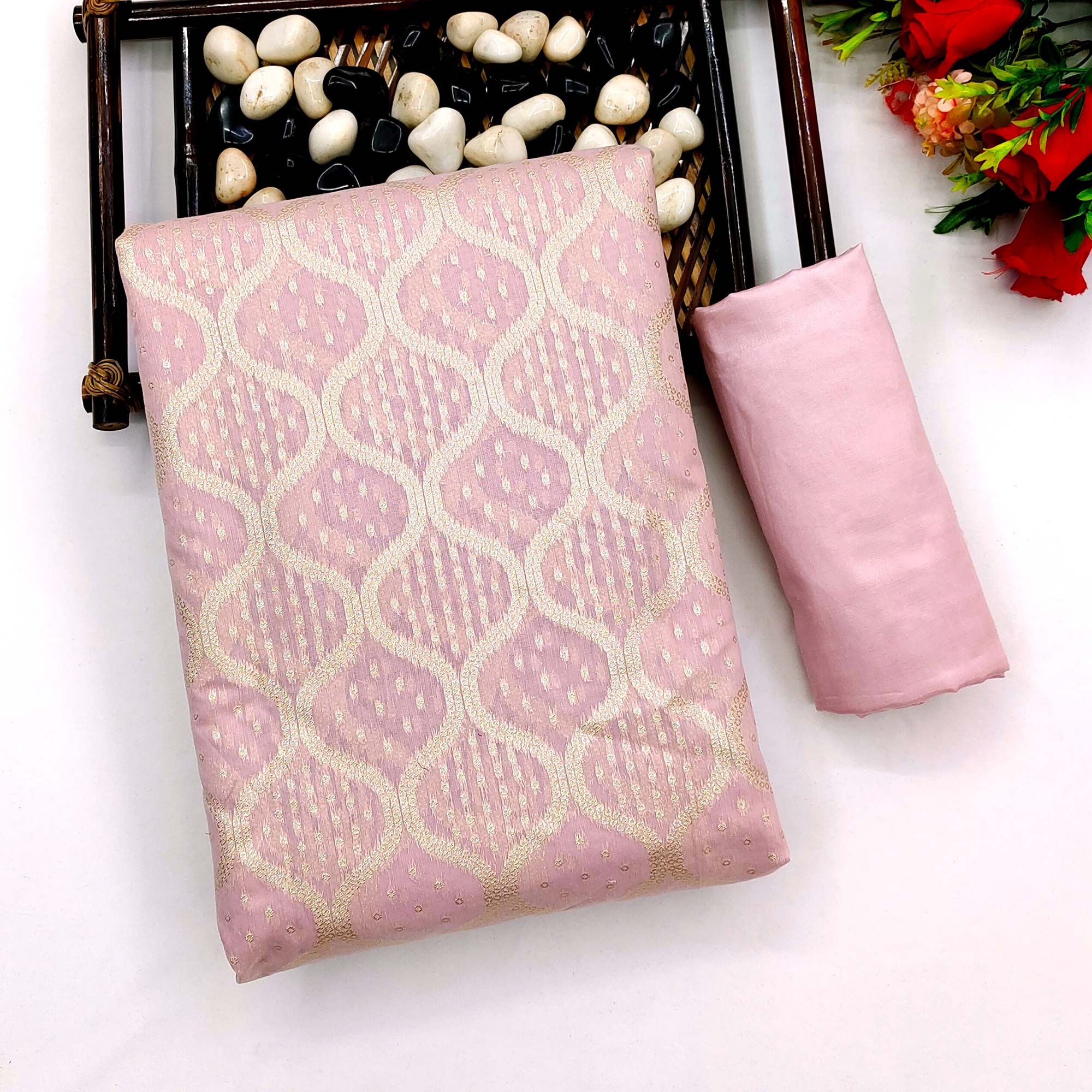Pink Woven Banarasi Silk Dress Material