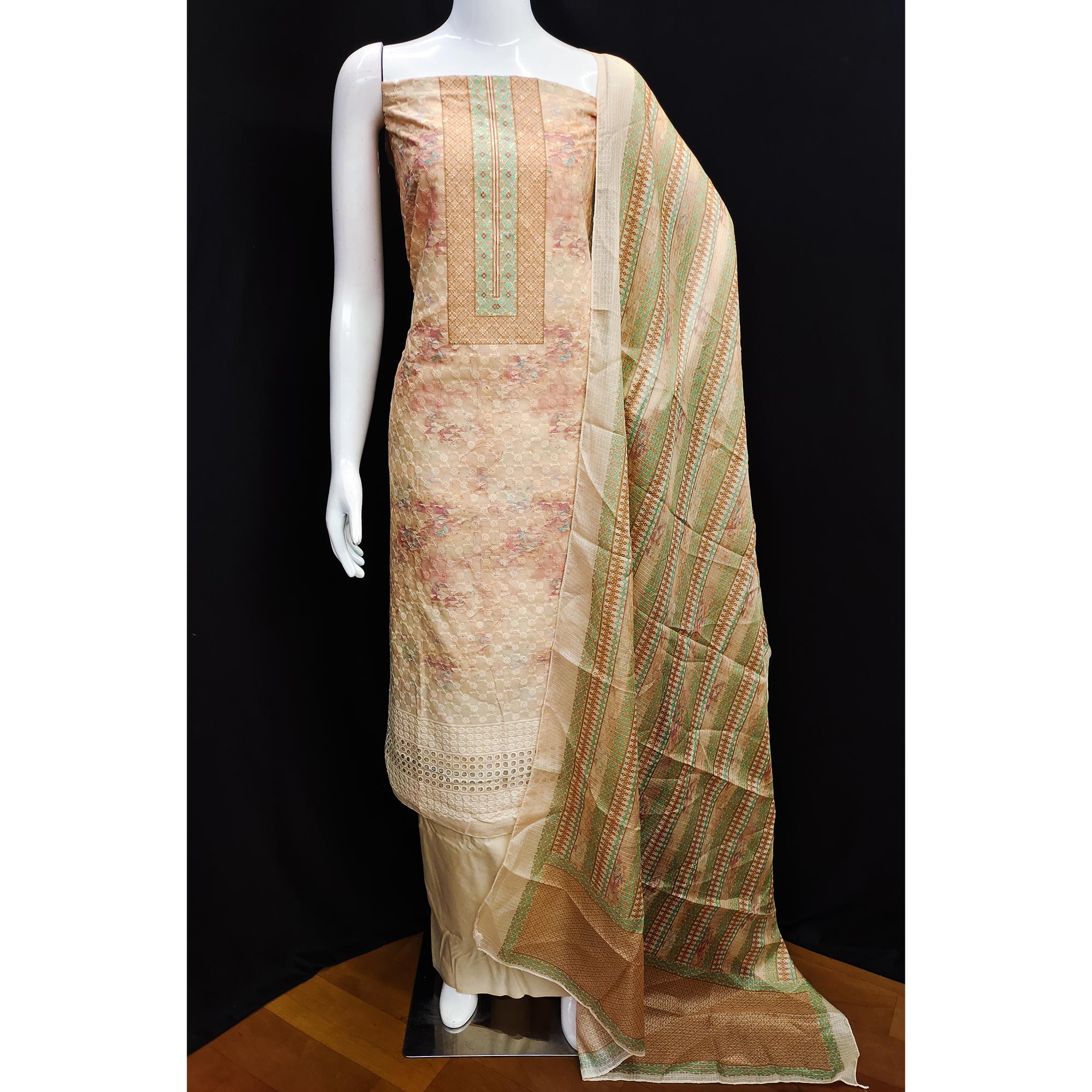 Yellow Embroidered With Printed Cotton Blend Dress Material