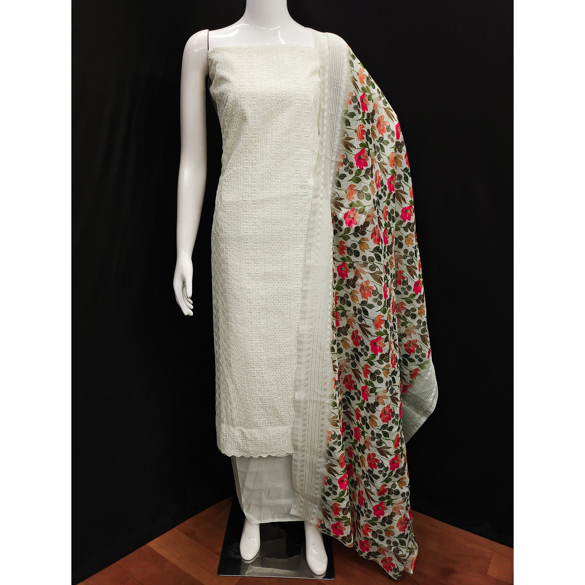 White Sequins Embroidered Cotton Blend Dress Material