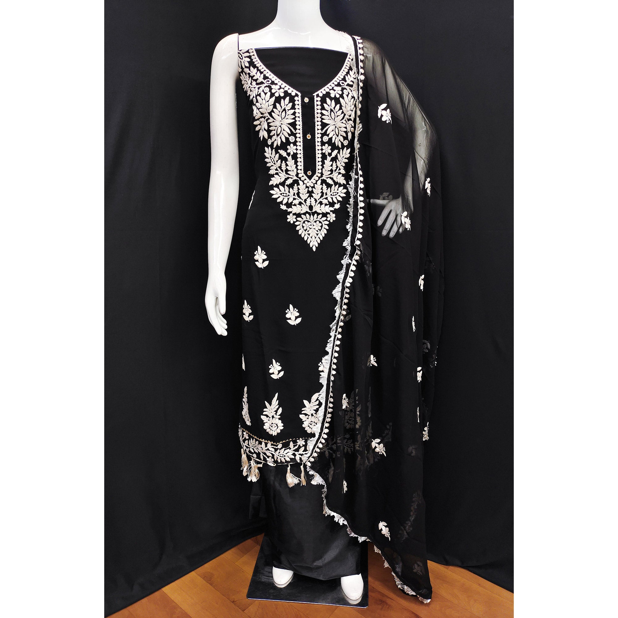 Black Floral Embroidered Georgette Dress Material