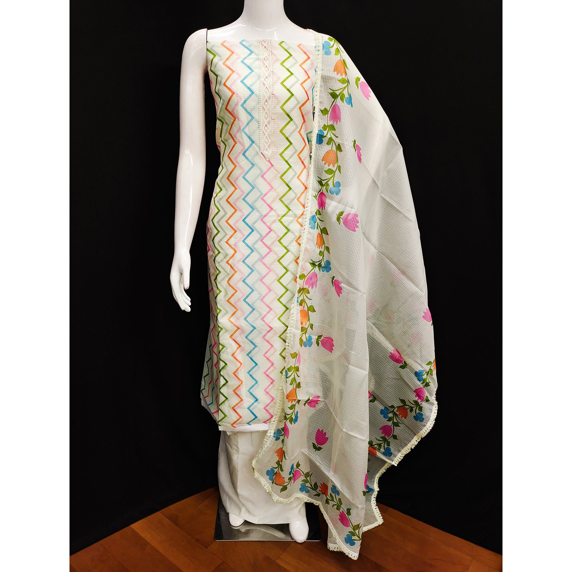 Off White Printed Kota Doria Dress Material