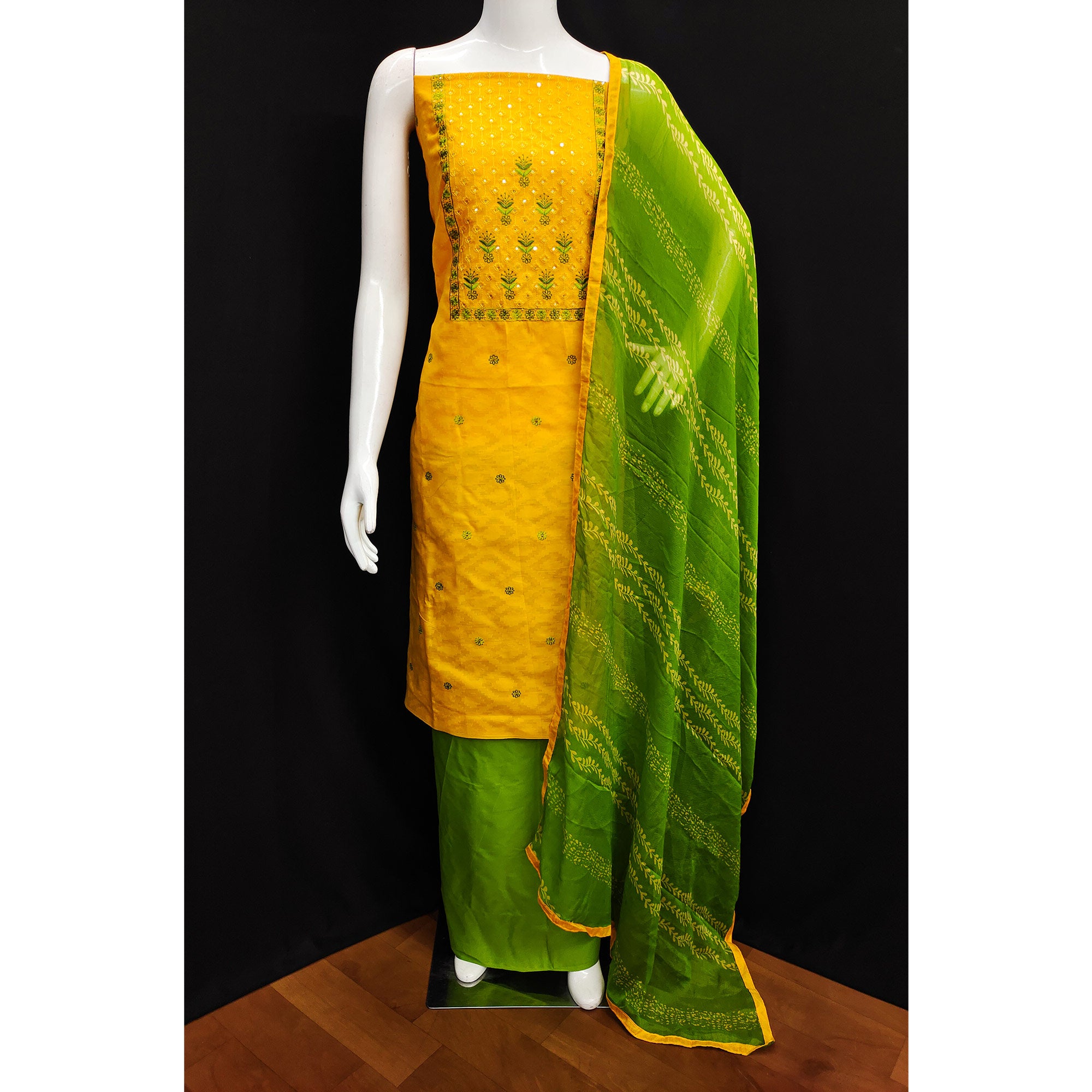 Yellow Sequins Floral Embroidered Pure Cotton Dress Material