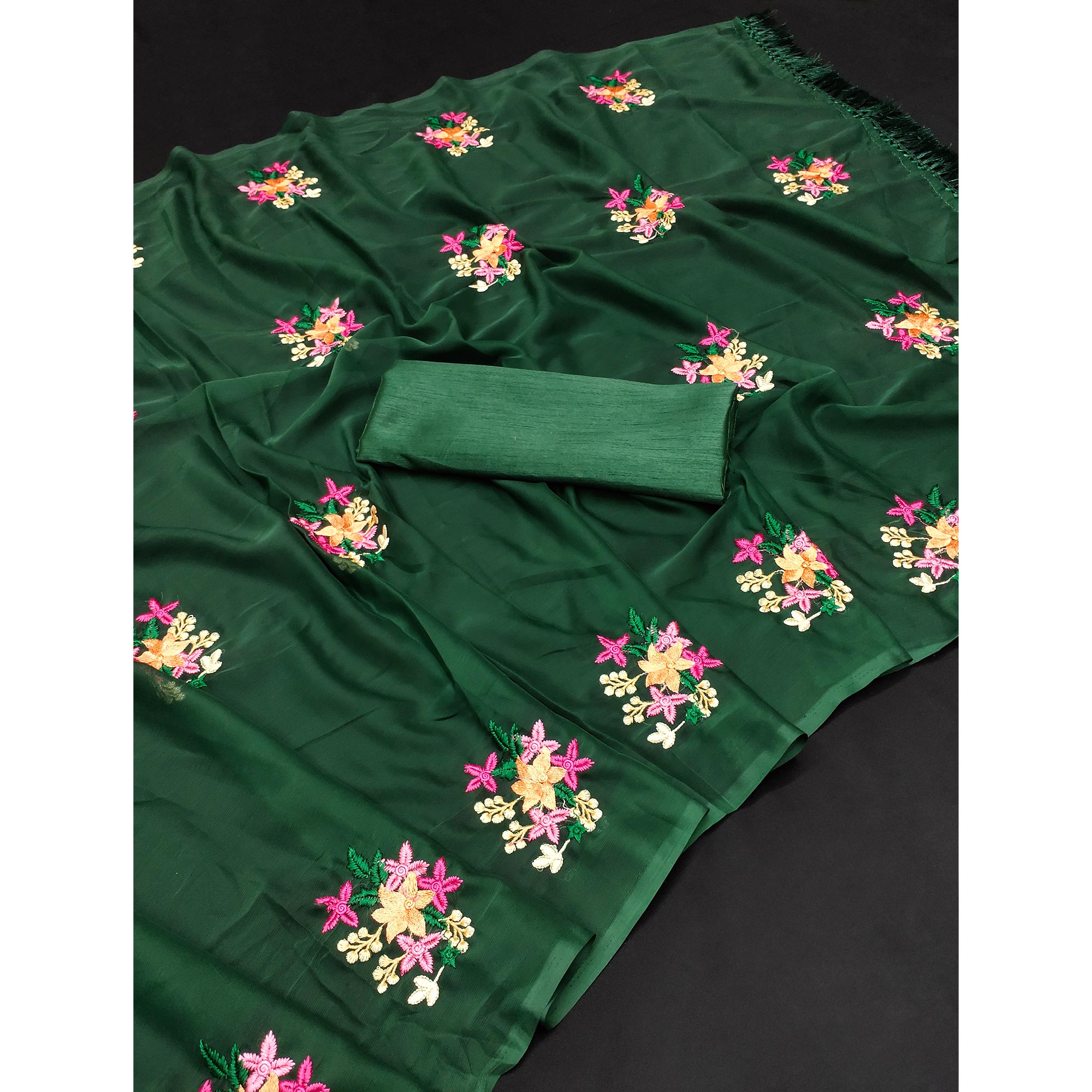 Green Floral Embroidered Chiffon Saree