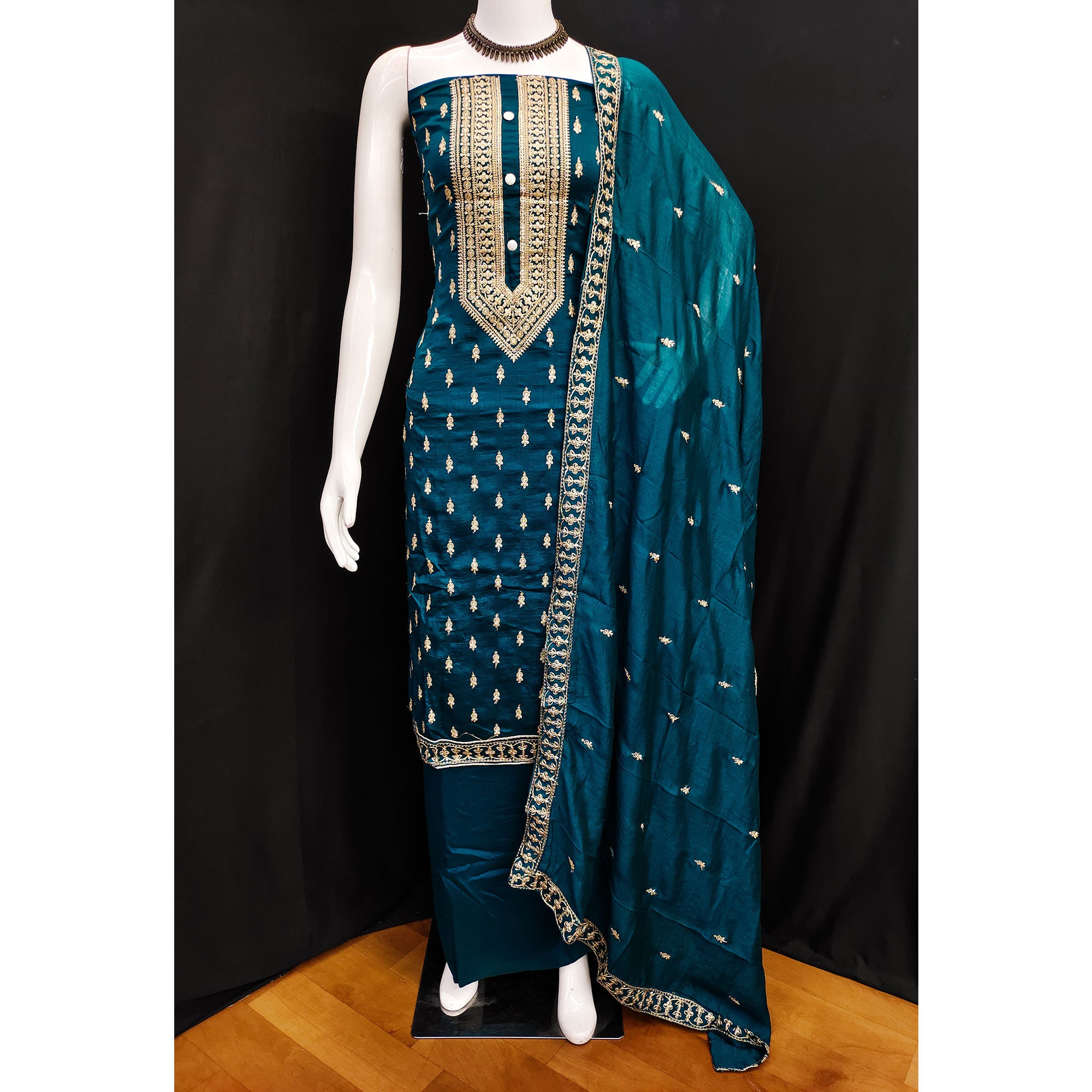 Morpich Sequins Embroidered Vichitra Silk Dress Material