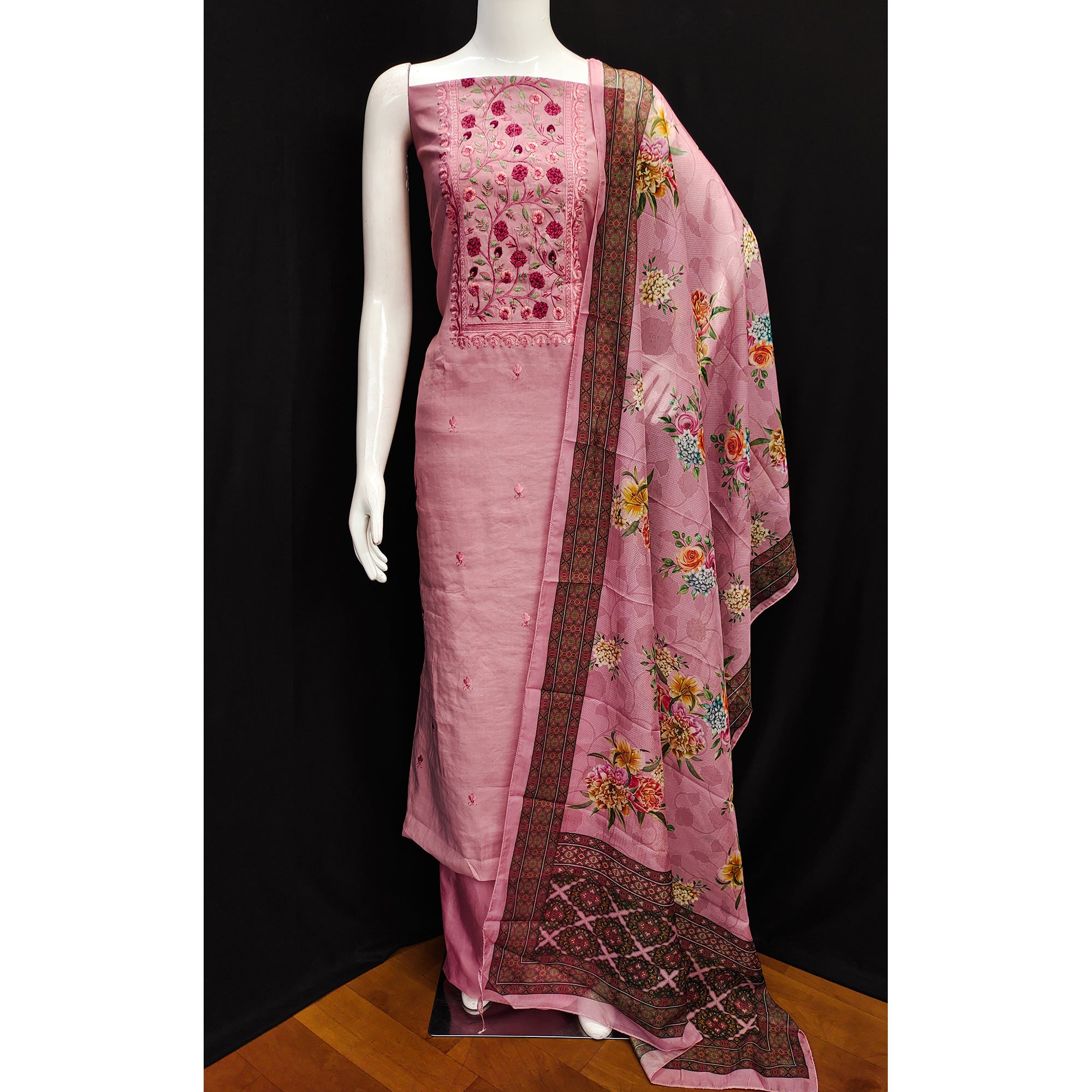 Pink Floral Embroidered Viscose Dress Material
