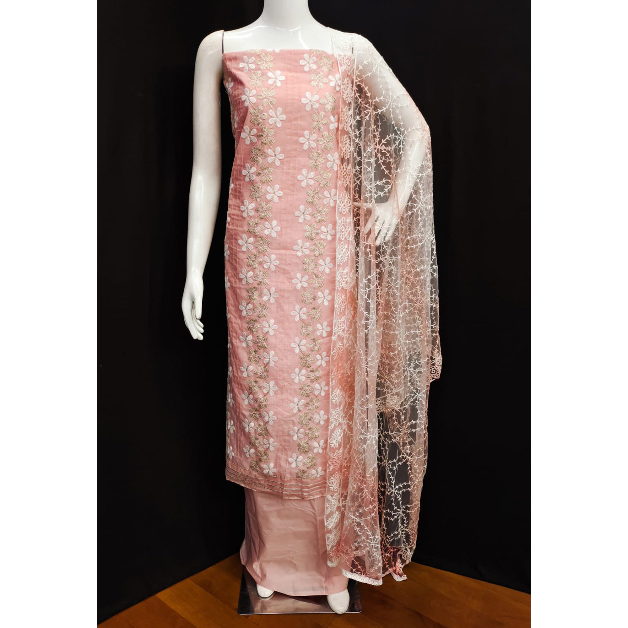 Peach Floral Embroidered Chanderi Dress Material