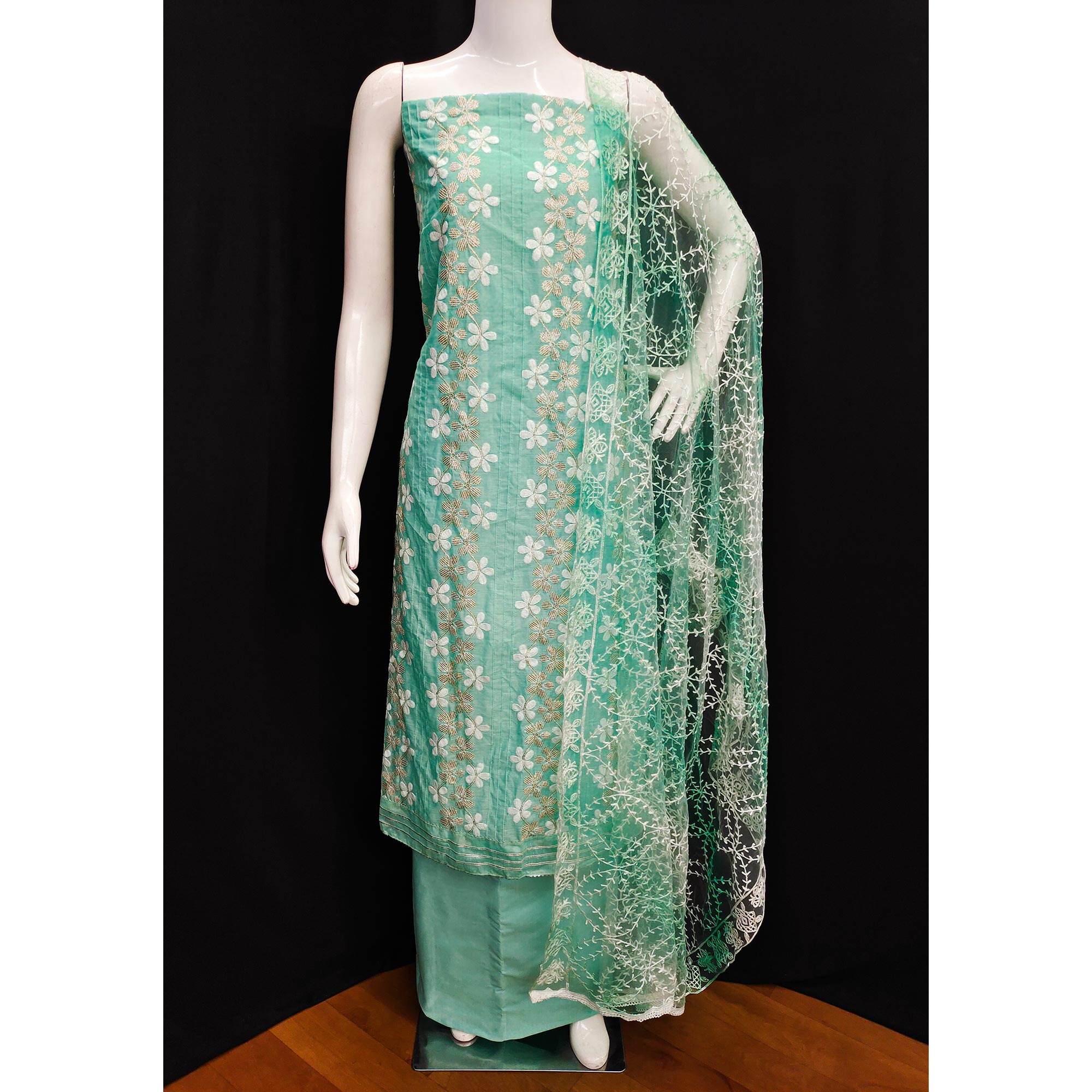 Turquoise Floral Embroidered Chanderi Dress Material