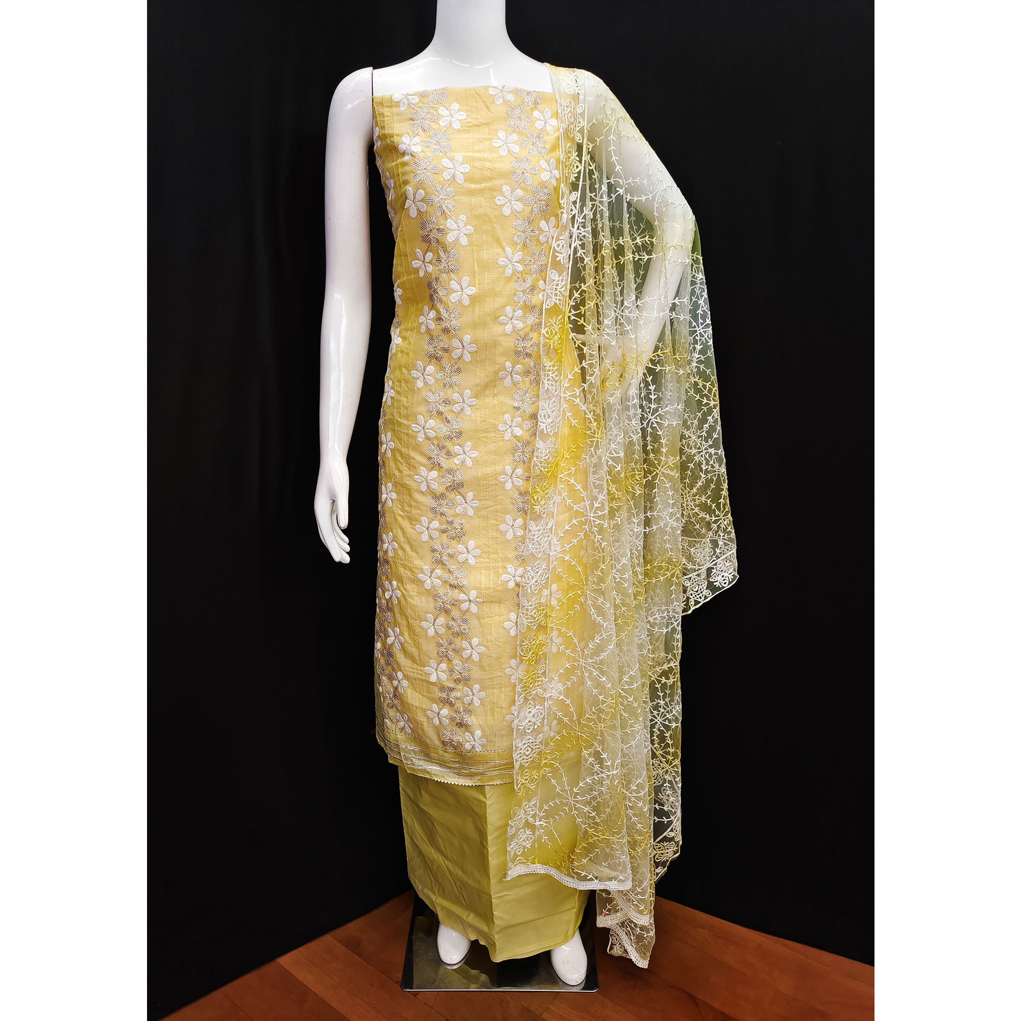 Yellow Floral Embroidered Chanderi Dress Material