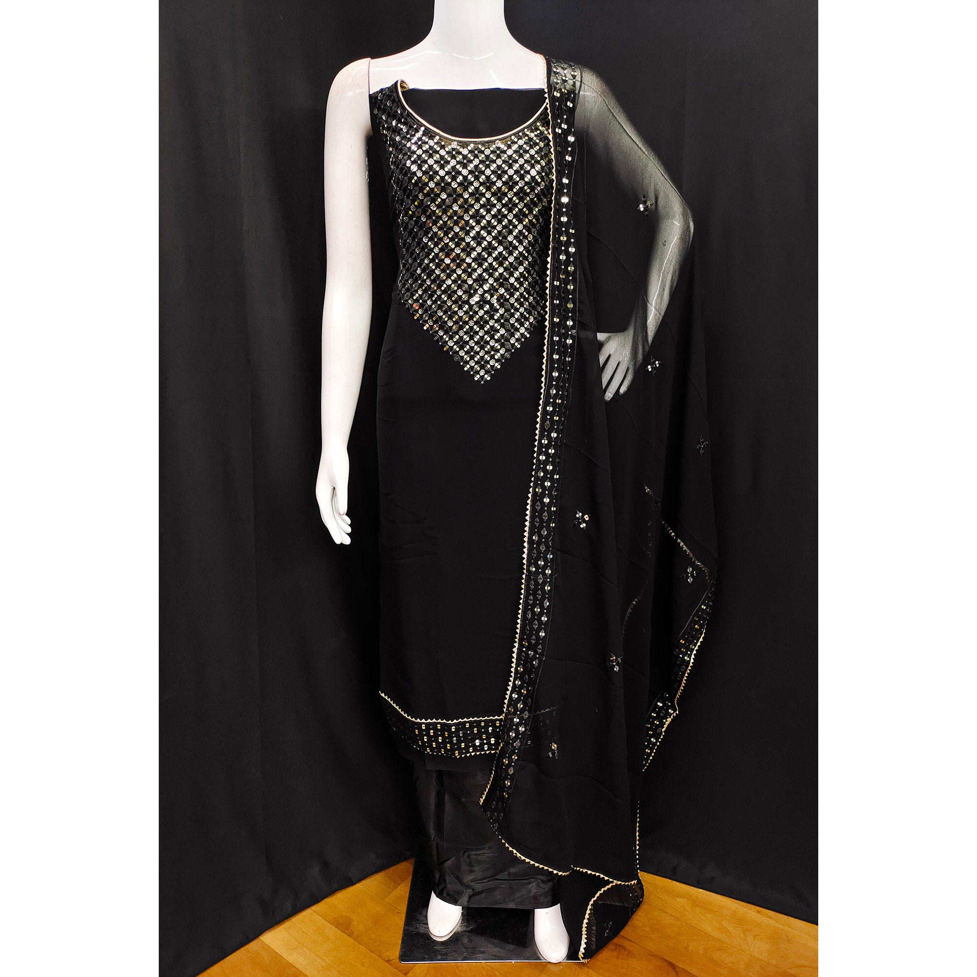 Black Sequins Embroidered Georgette Dress Material