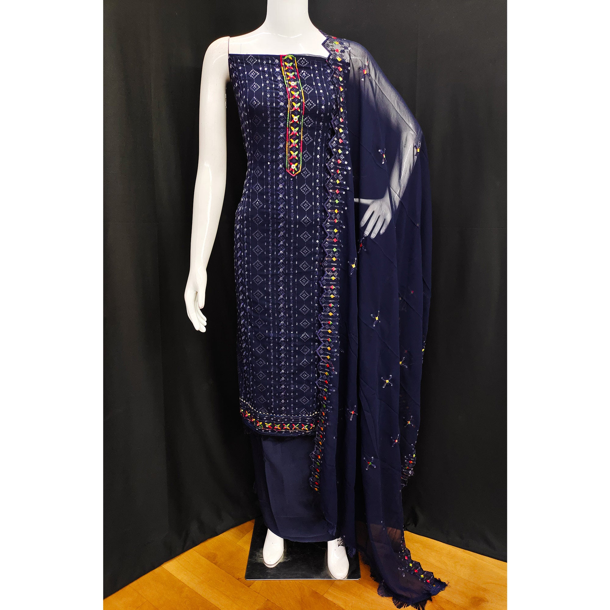 Blue Sequins Embroidered Georgette Dress Material