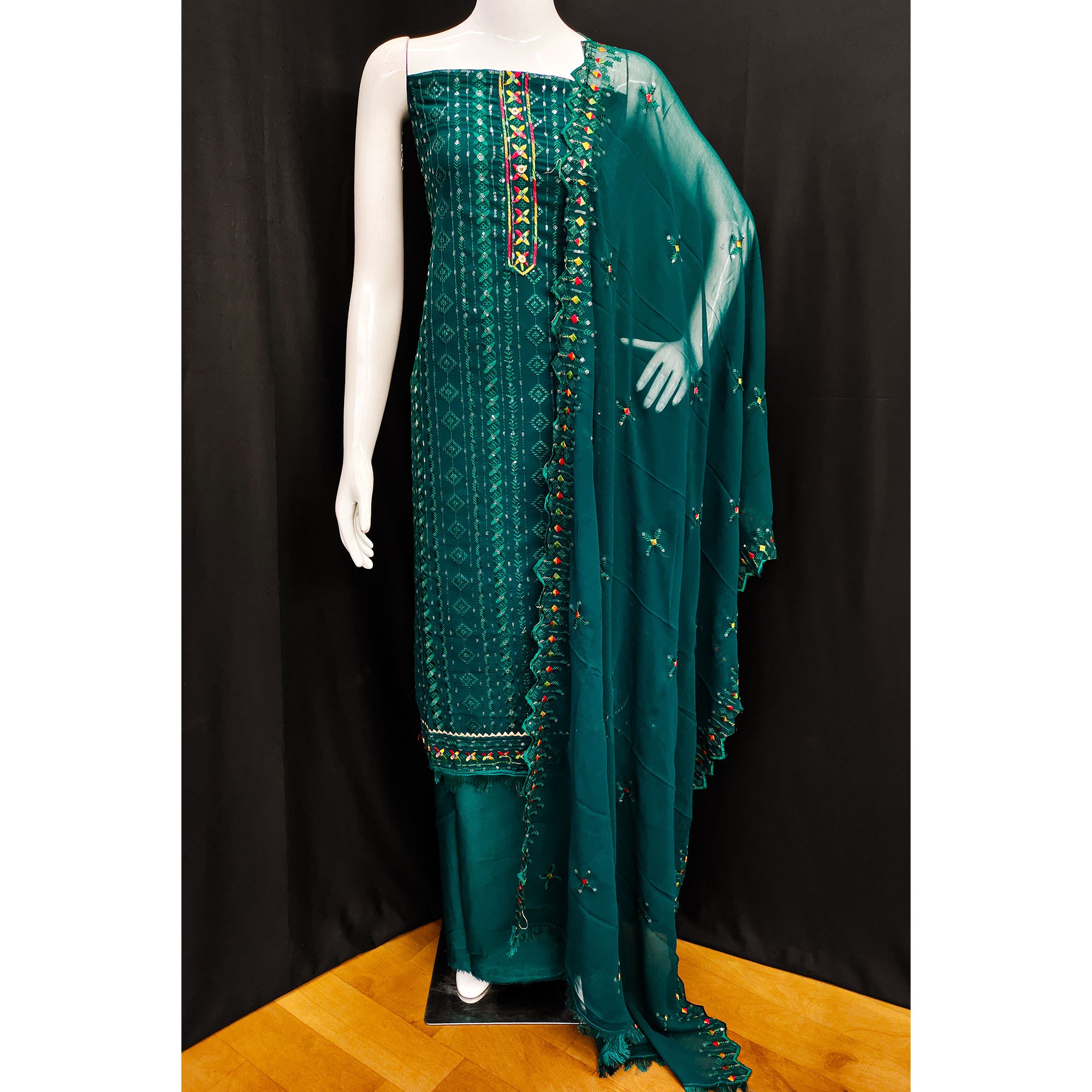 Green Sequins Embroidered Georgette Dress Material