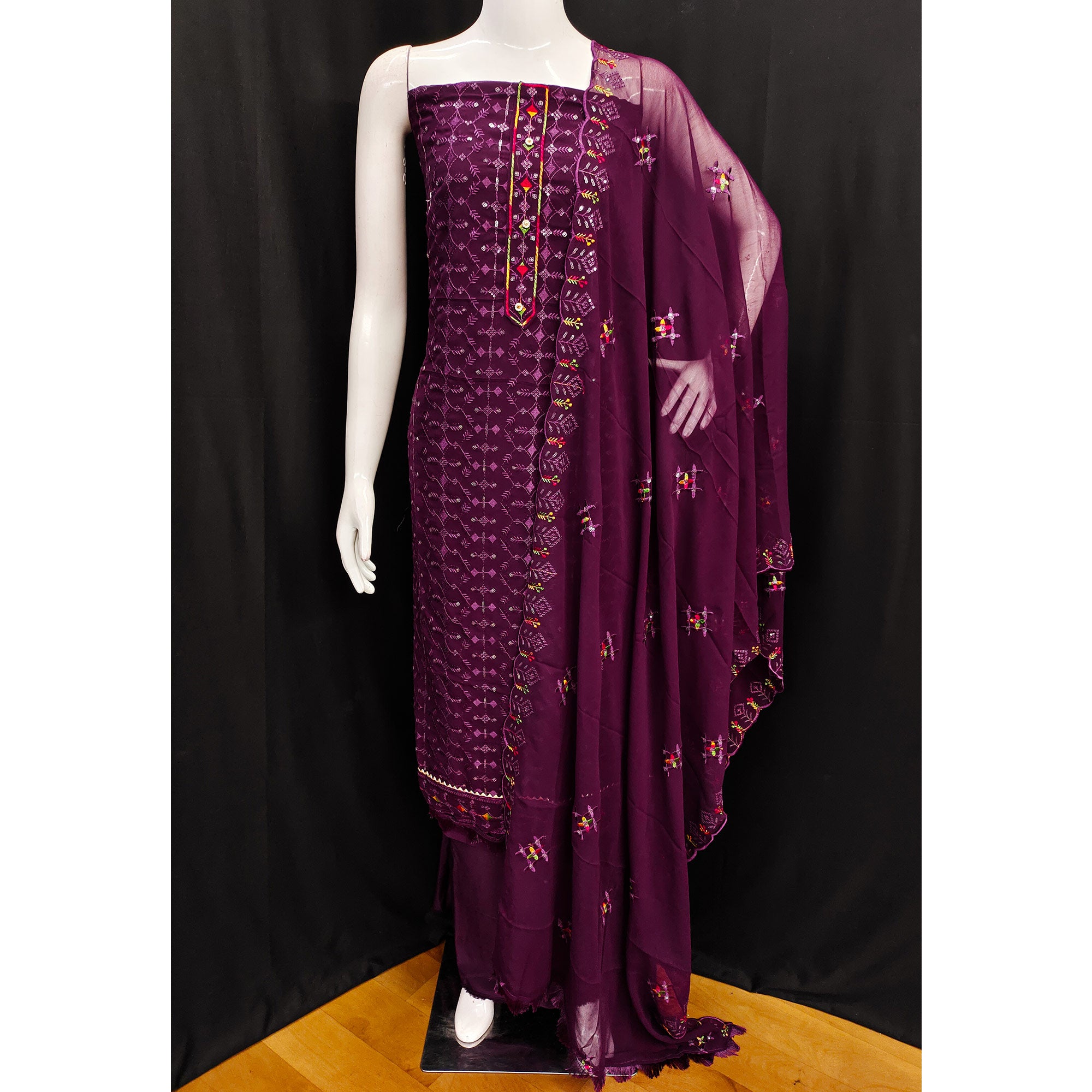 Purple Sequins Embroidered Georgette Dress Material