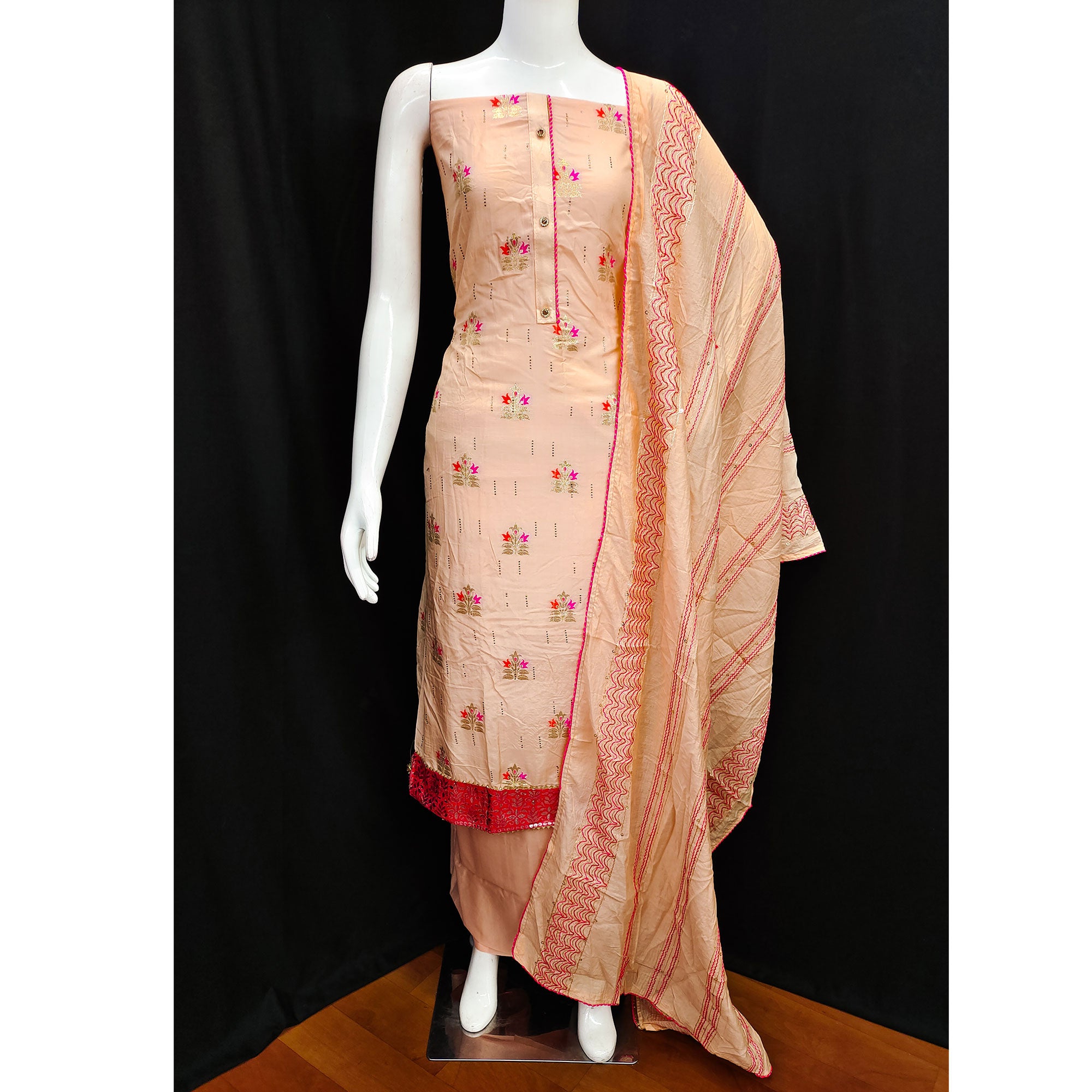 Peach Woven Banarasi Silk Dress Material