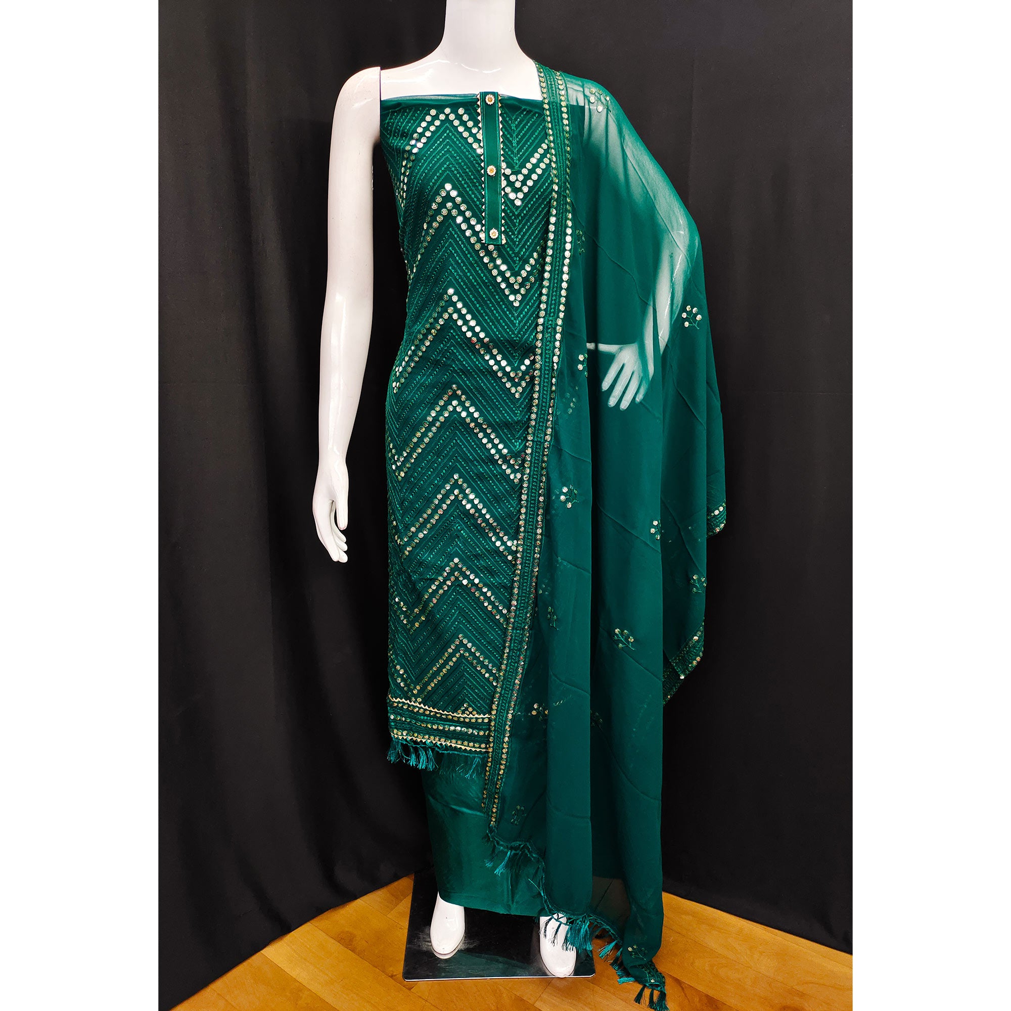 Green Sequins Embroidered Georgette Dress Material