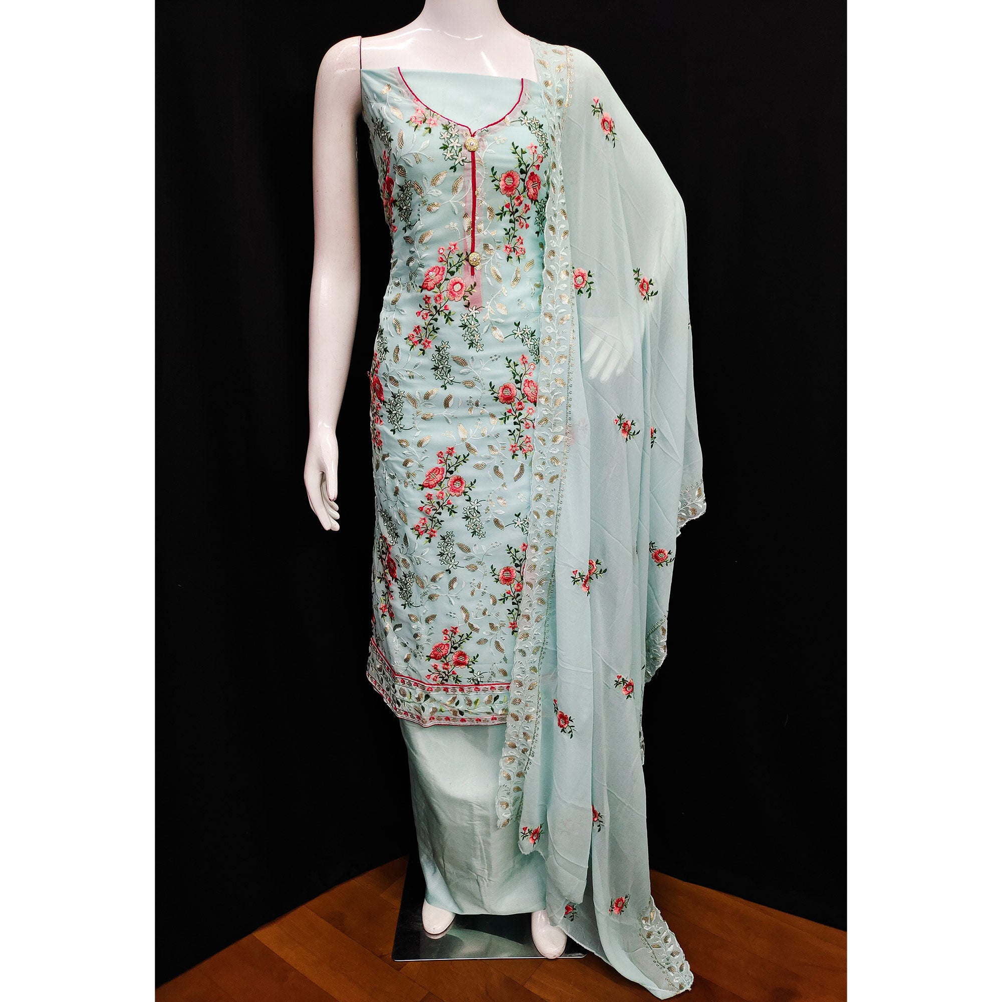 Blue Sequins Embroidered Georgette Dress Material